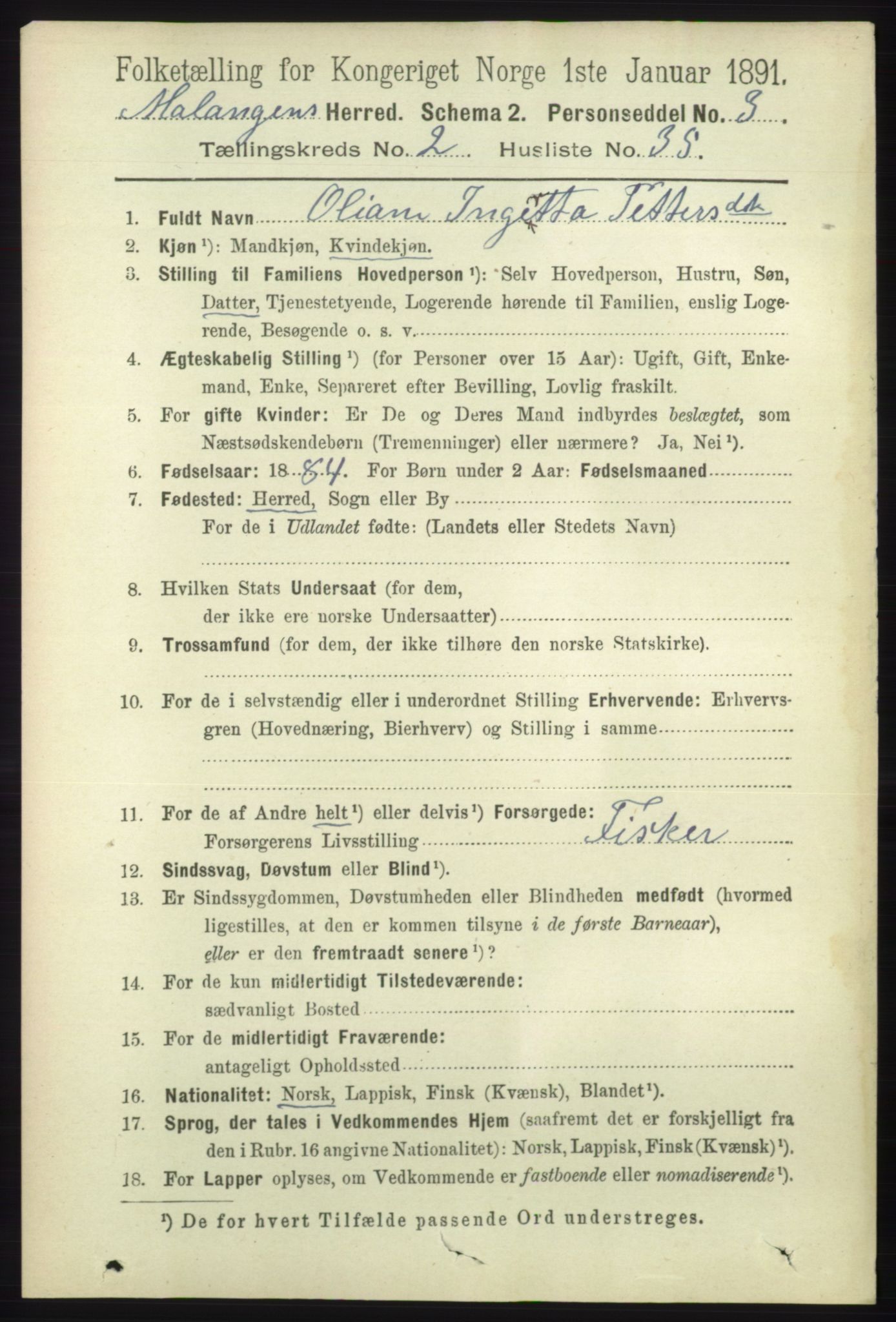 RA, 1891 census for 1932 Malangen, 1891, p. 686