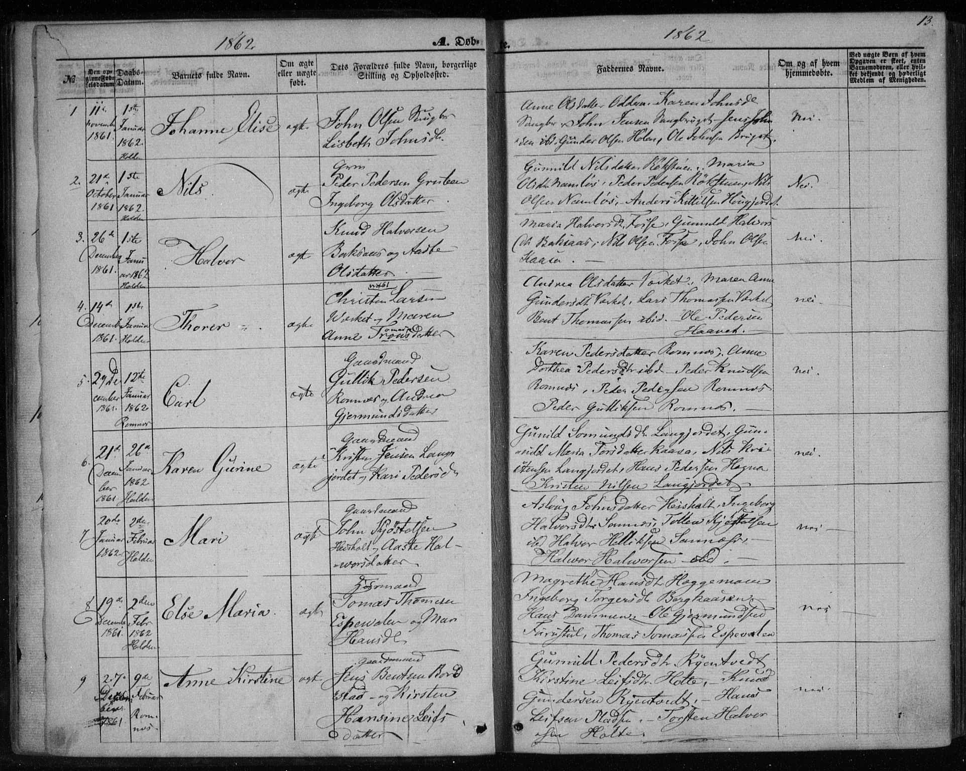 Holla kirkebøker, SAKO/A-272/F/Fa/L0006: Parish register (official) no. 6, 1861-1869, p. 13