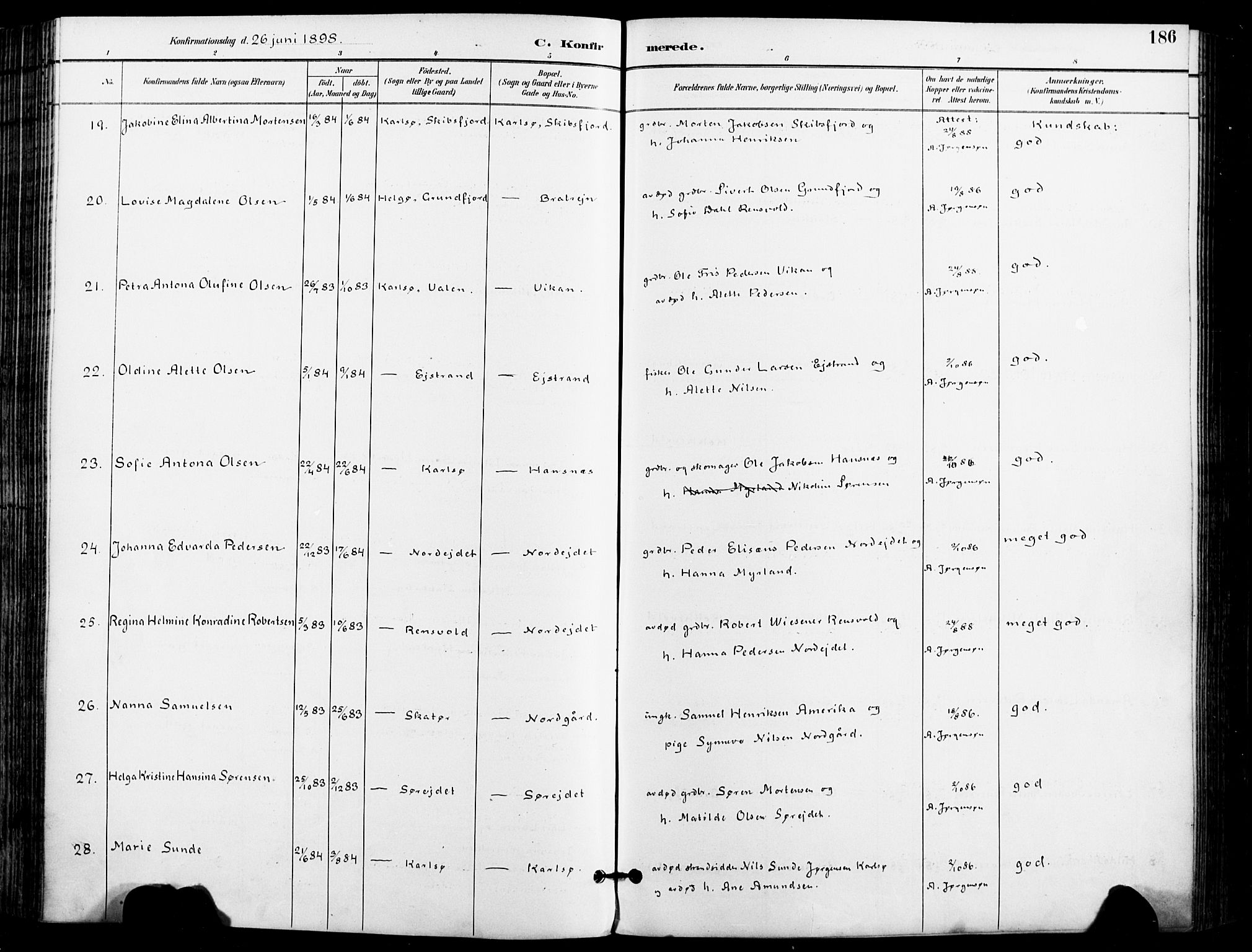 Karlsøy sokneprestembete, AV/SATØ-S-1299/H/Ha/Haa/L0007kirke: Parish register (official) no. 7, 1891-1902, p. 186