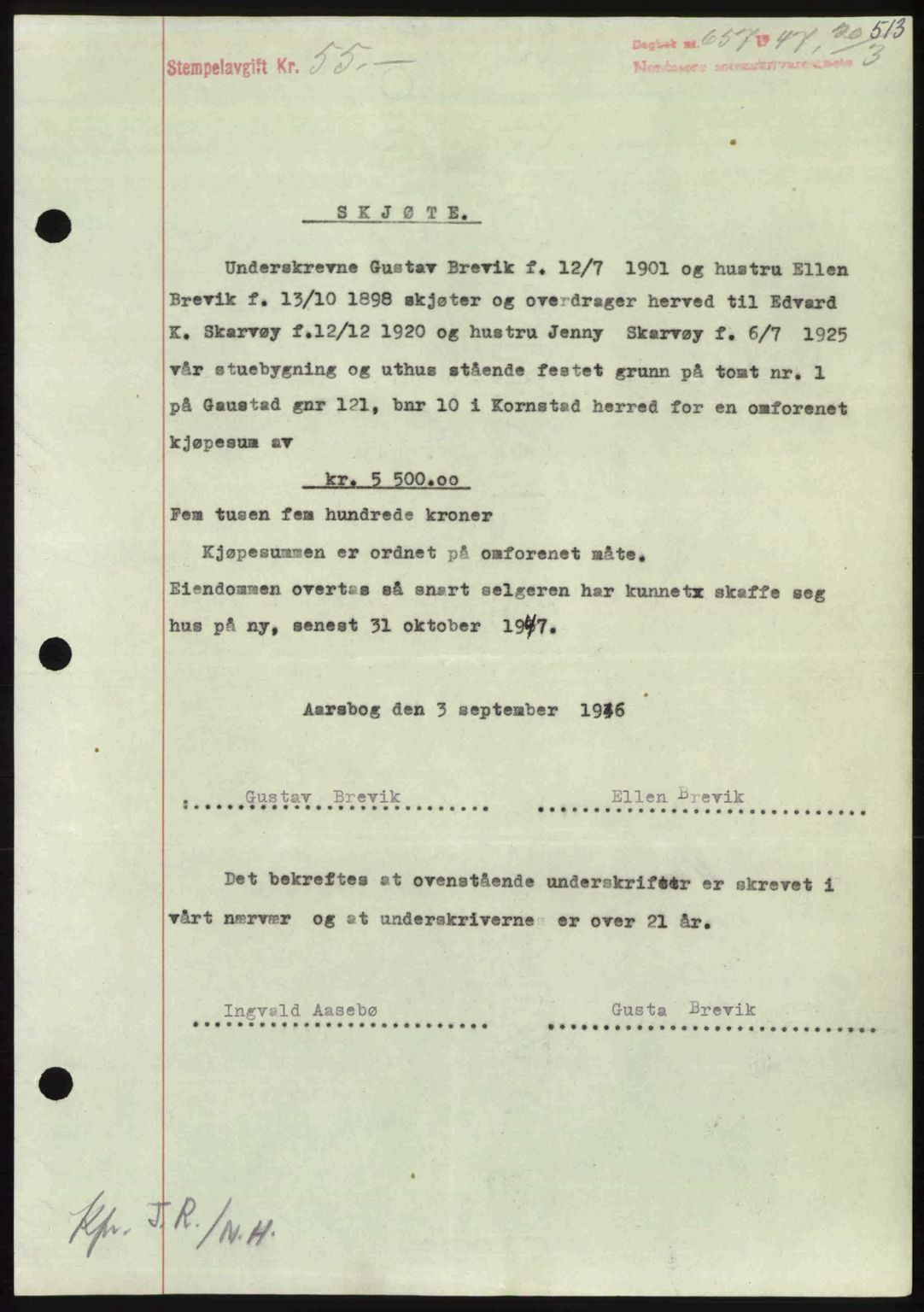 Nordmøre sorenskriveri, AV/SAT-A-4132/1/2/2Ca: Mortgage book no. A104, 1947-1947, Diary no: : 657/1947