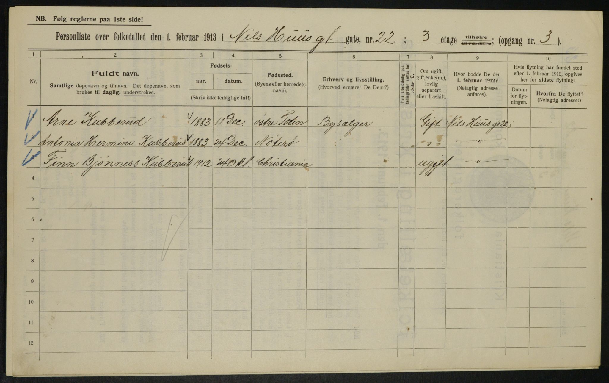 OBA, Municipal Census 1913 for Kristiania, 1913, p. 71118