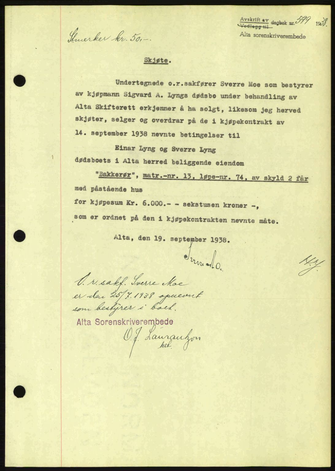 Alta fogderi/sorenskriveri, SATØ/SATØ-5/1/K/Kd/L0031pantebok: Mortgage book no. 31, 1938-1939, Diary no: : 599/1938