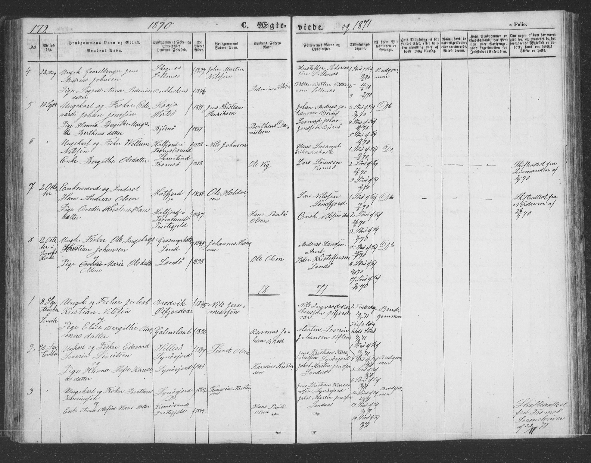 Lenvik sokneprestembete, SATØ/S-1310/H/Ha/Hab/L0020klokker: Parish register (copy) no. 20, 1855-1883, p. 172