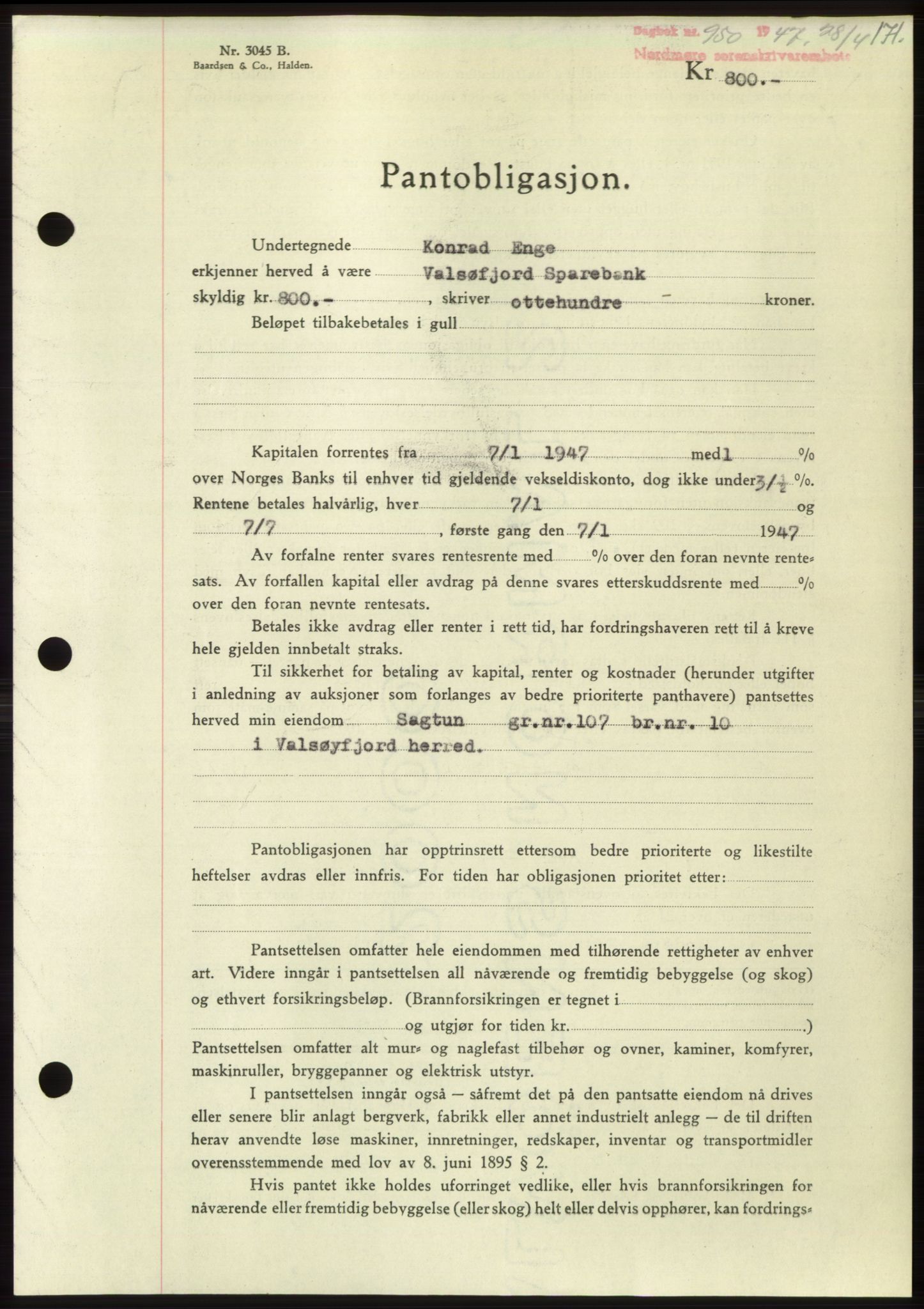 Nordmøre sorenskriveri, AV/SAT-A-4132/1/2/2Ca: Mortgage book no. B96, 1947-1947, Diary no: : 950/1947