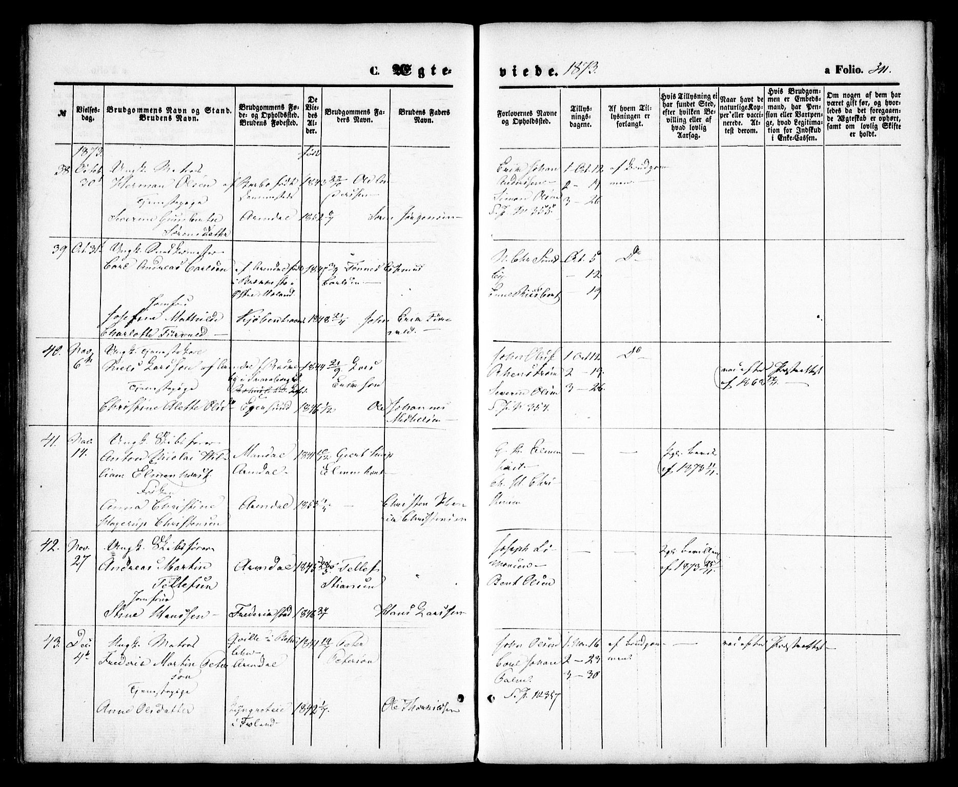 Arendal sokneprestkontor, Trefoldighet, SAK/1111-0040/F/Fa/L0007: Parish register (official) no. A 7, 1868-1878, p. 311