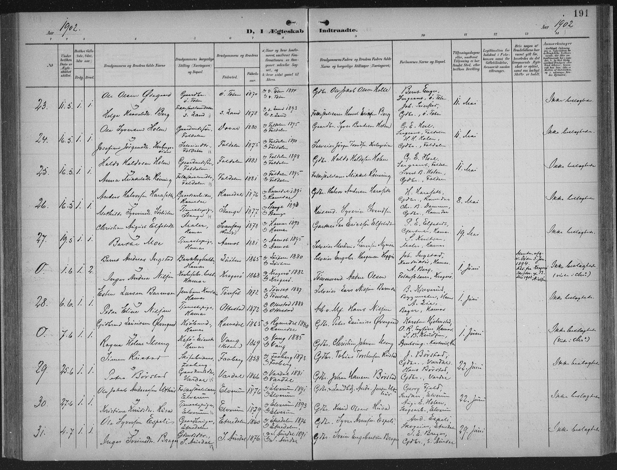 Hamar prestekontor, AV/SAH-DOMPH-002/H/Ha/Haa/L0001: Parish register (official) no. 1, 1900-1914, p. 191