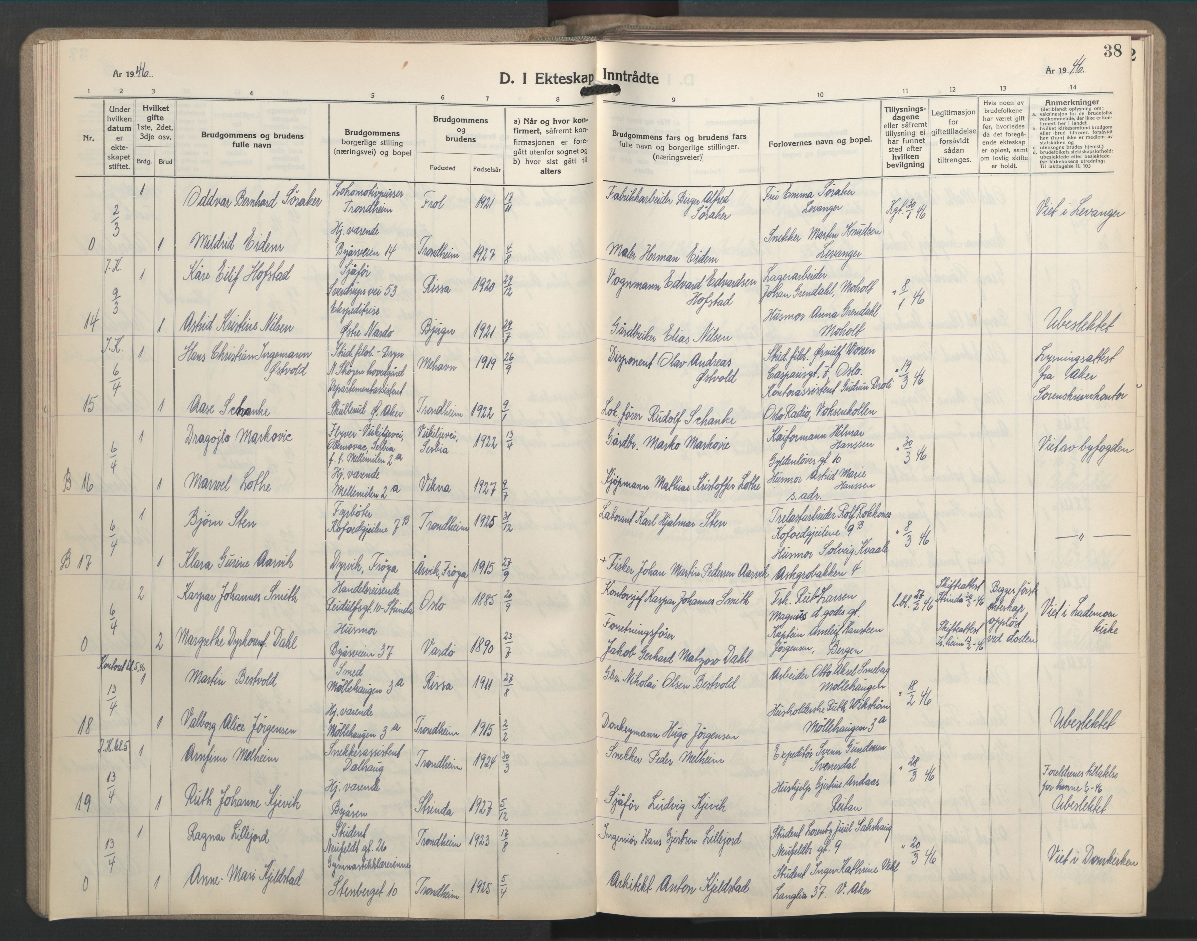 Ministerialprotokoller, klokkerbøker og fødselsregistre - Sør-Trøndelag, SAT/A-1456/603/L0177: Parish register (copy) no. 603C05, 1941-1952, p. 38