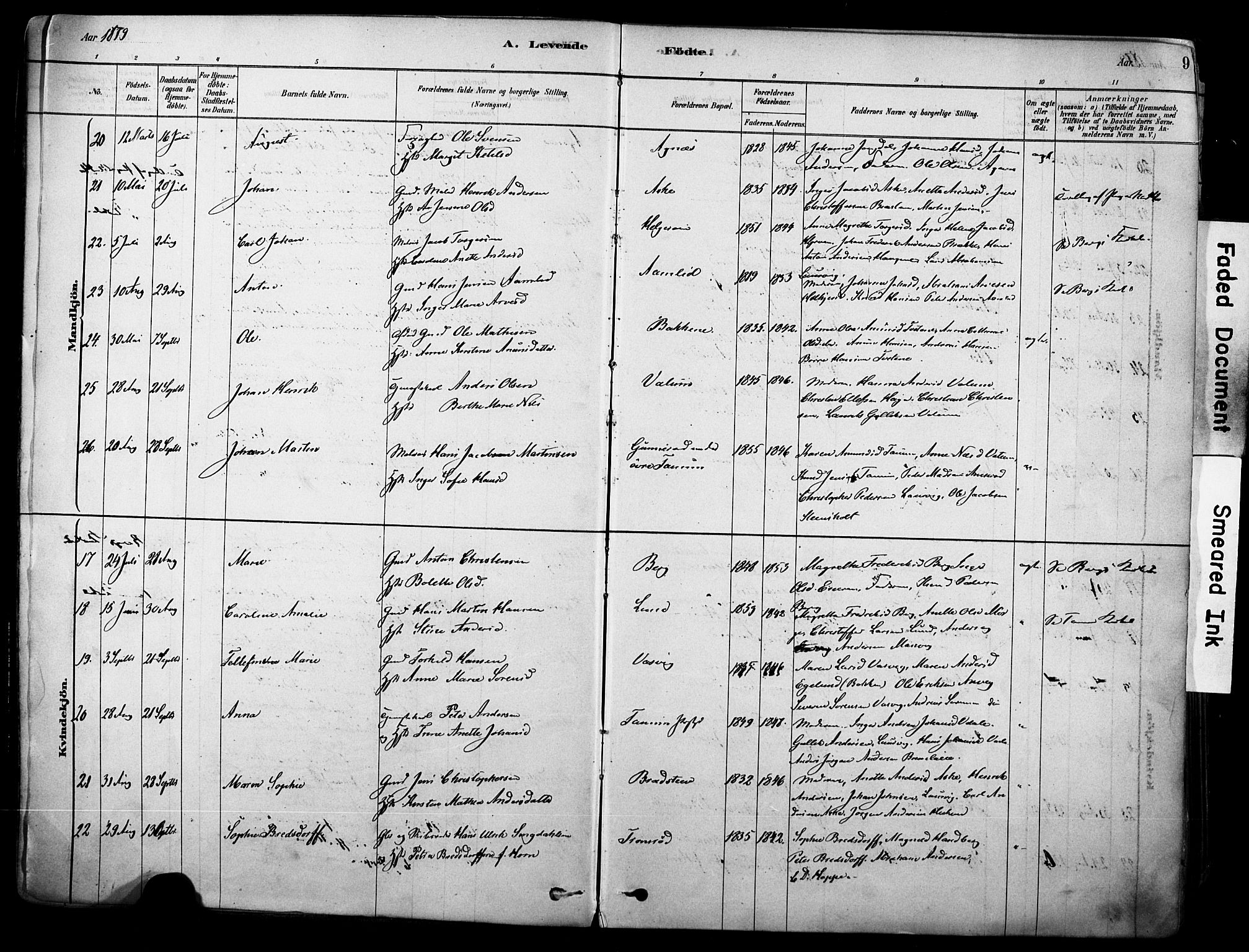 Brunlanes kirkebøker, AV/SAKO-A-342/F/Fc/L0001: Parish register (official) no. III 1, 1878-1899, p. 9