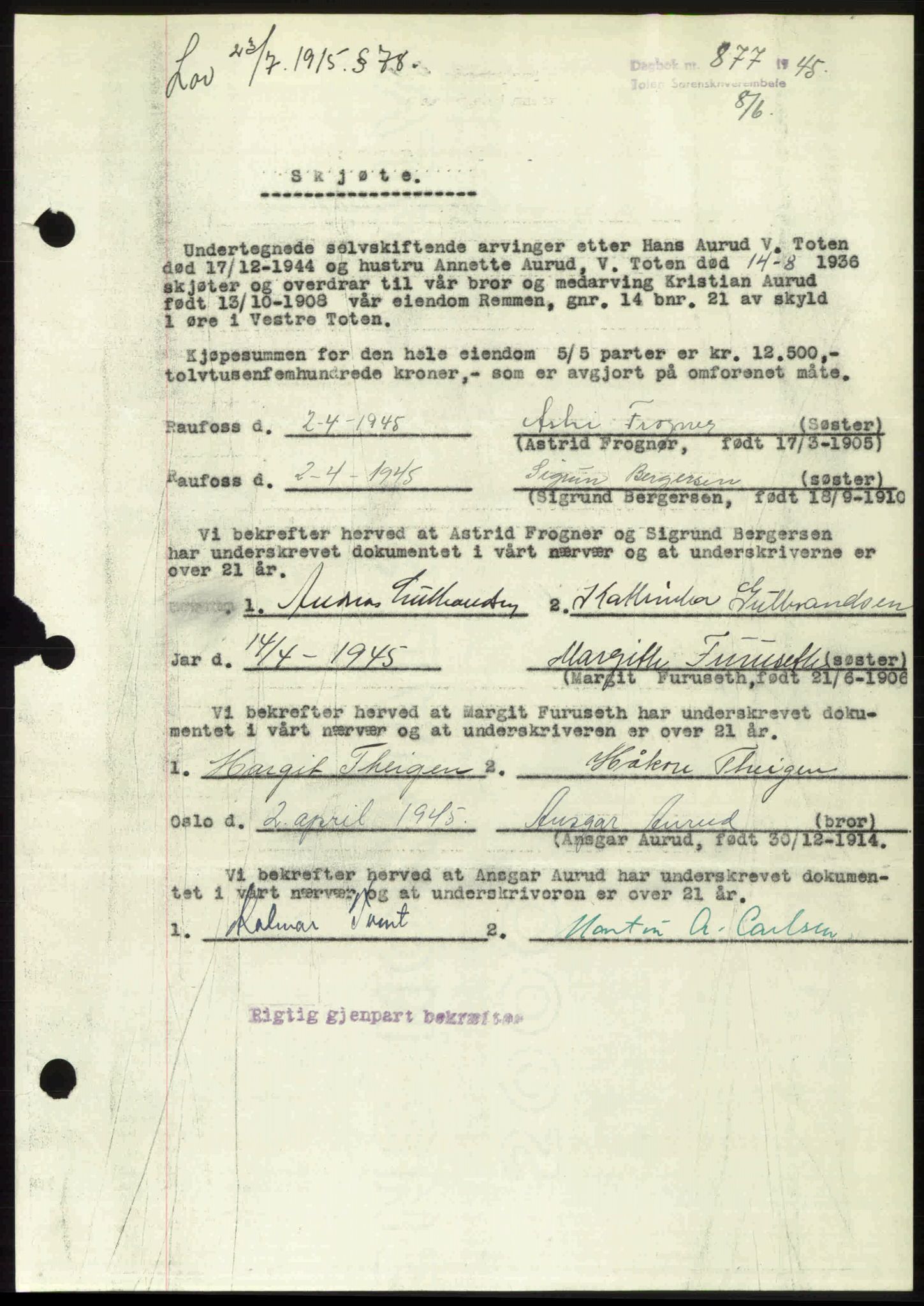 Toten tingrett, SAH/TING-006/H/Hb/Hbc/L0013: Mortgage book no. Hbc-13, 1945-1945, Diary no: : 877/1945