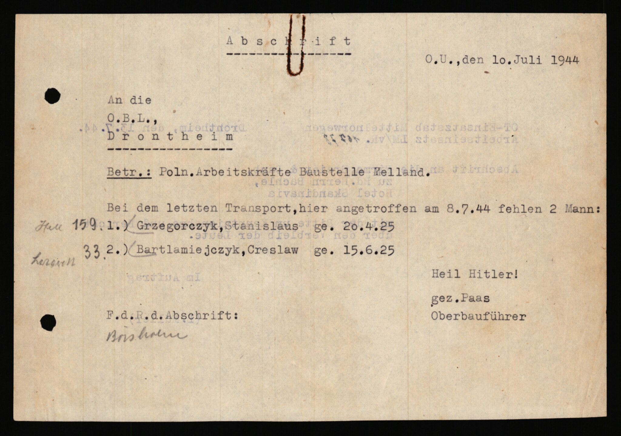 Tyske arkiver, Organisation Todt (OT), Einsatzgruppe Wiking, AV/RA-RAFA-2188/2/H/Hf/Hfa/0038 / Baustelle Melland, 1944-1945, p. 2