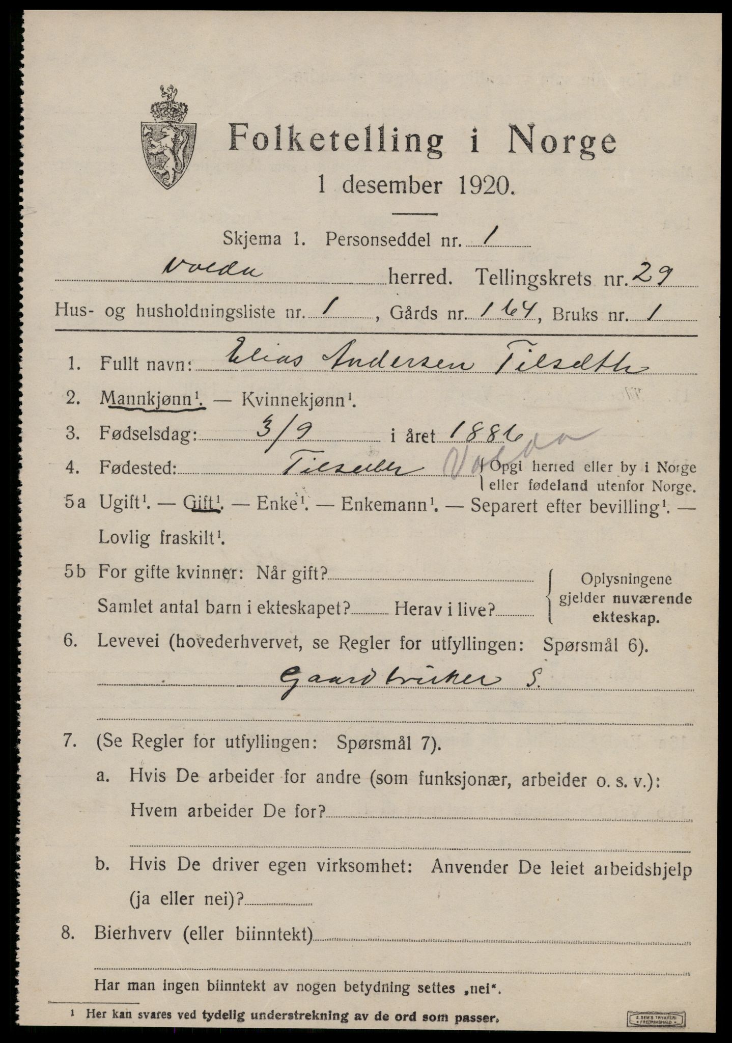 SAT, 1920 census for Volda, 1920, p. 13260