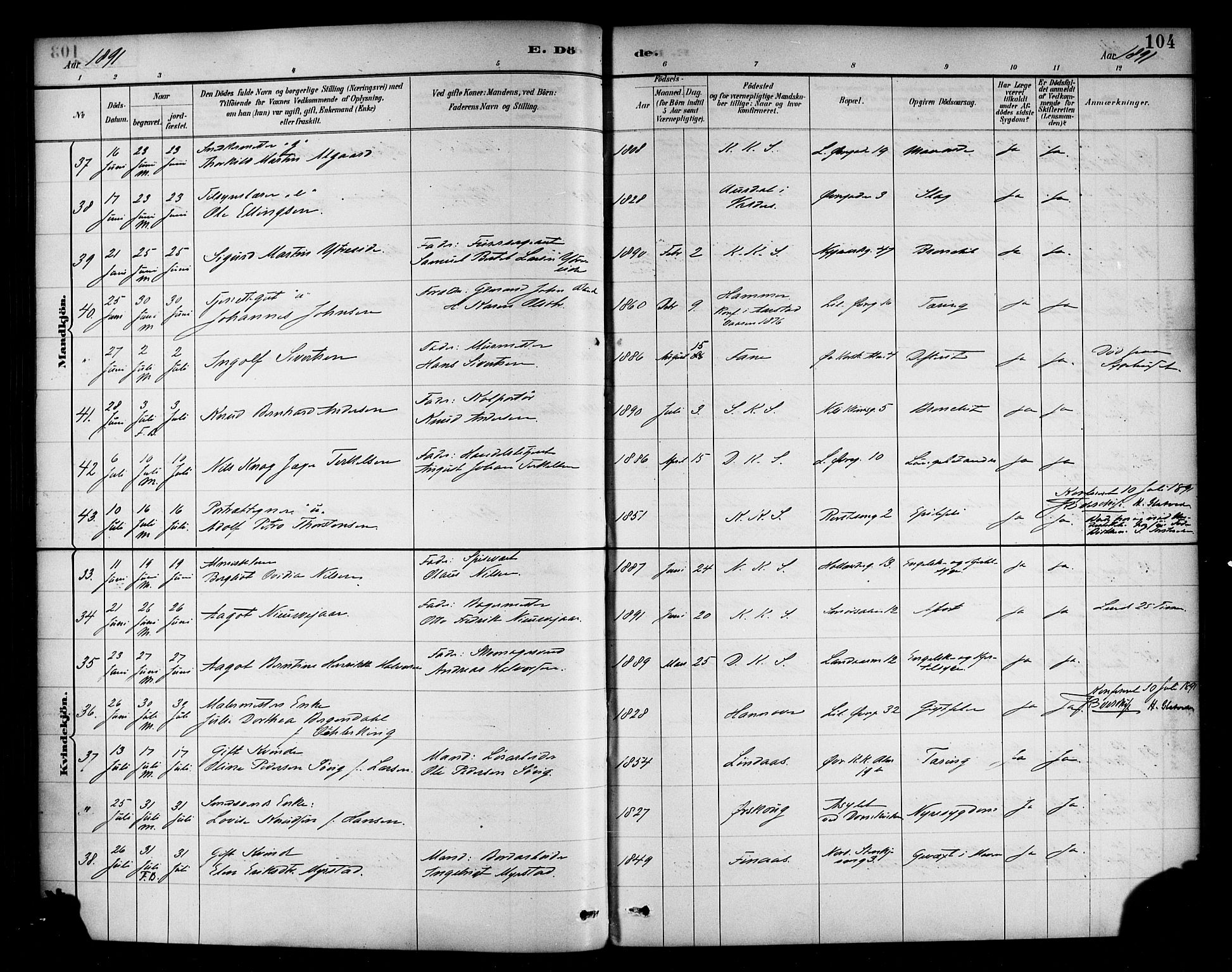 Korskirken sokneprestembete, SAB/A-76101/H/Haa/L0047: Parish register (official) no. E 5, 1884-1910, p. 104