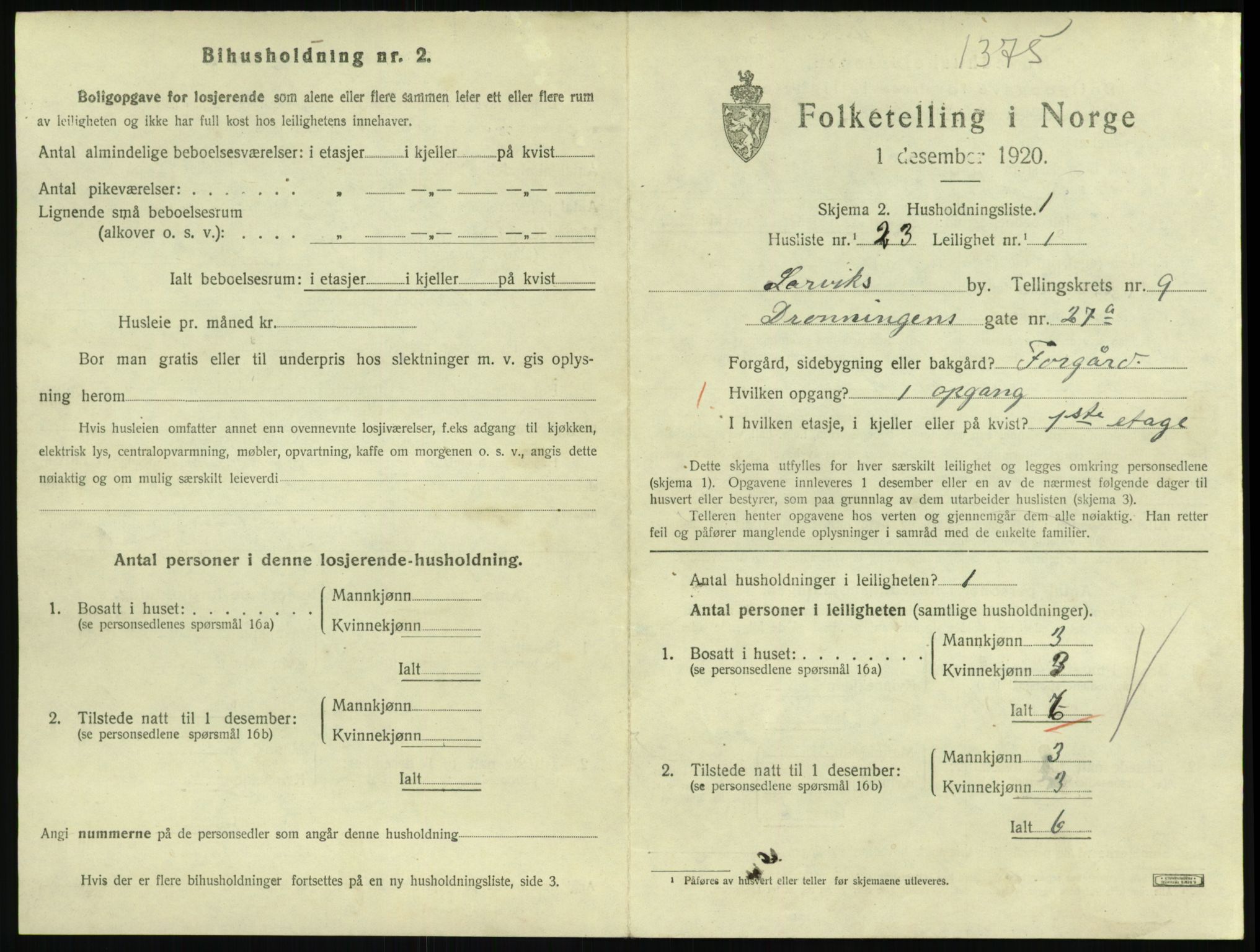 SAKO, 1920 census for Larvik, 1920, p. 7076