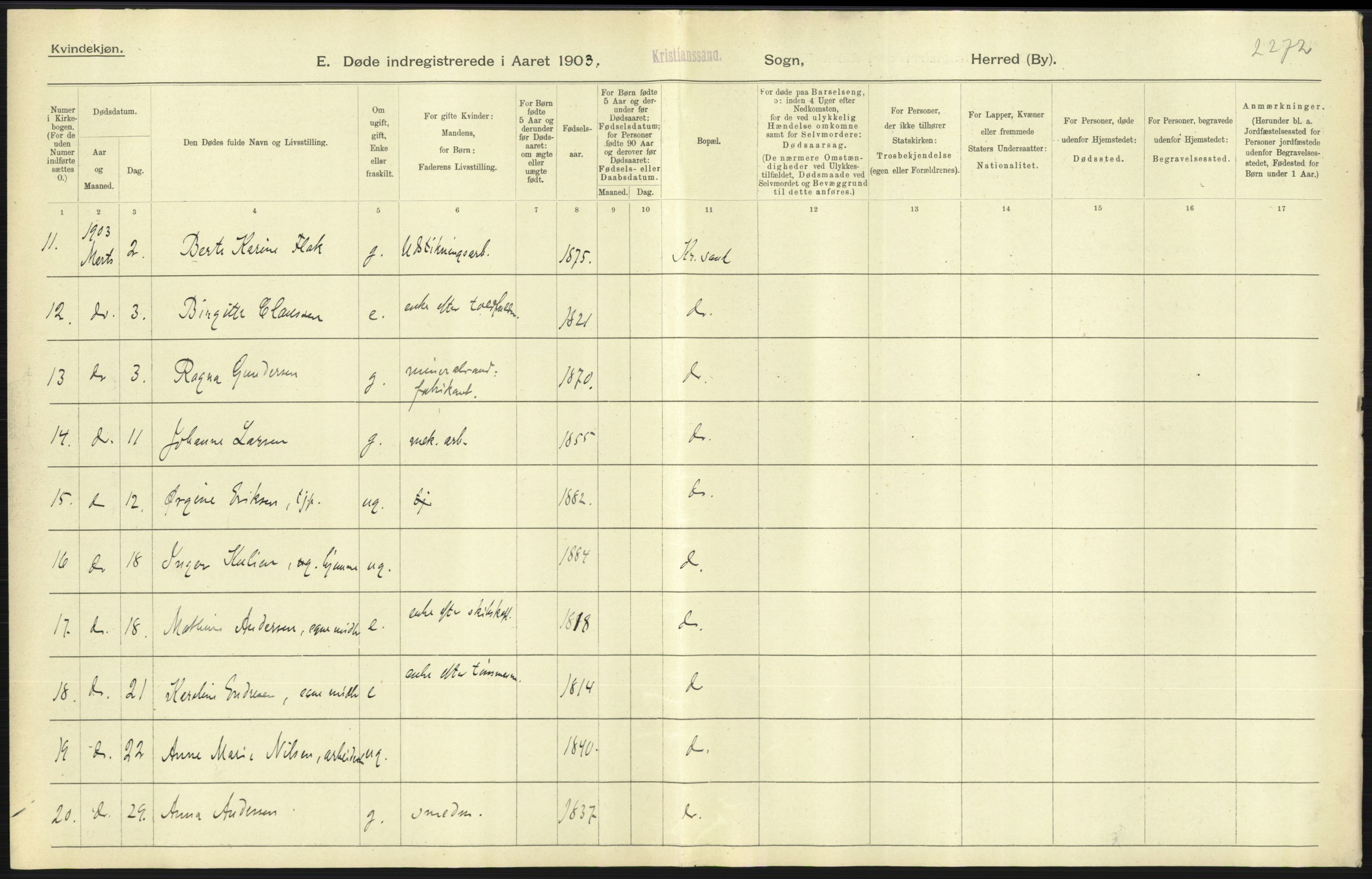 Statistisk sentralbyrå, Sosiodemografiske emner, Befolkning, AV/RA-S-2228/D/Df/Dfa/Dfaa/L0011: Lister og Mandal amt: Fødte, gifte, døde, 1903, p. 549