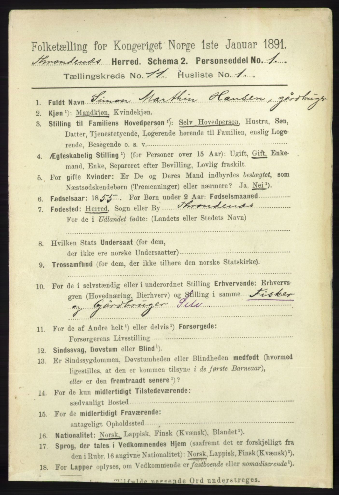 RA, 1891 census for 1914 Trondenes, 1891, p. 7999