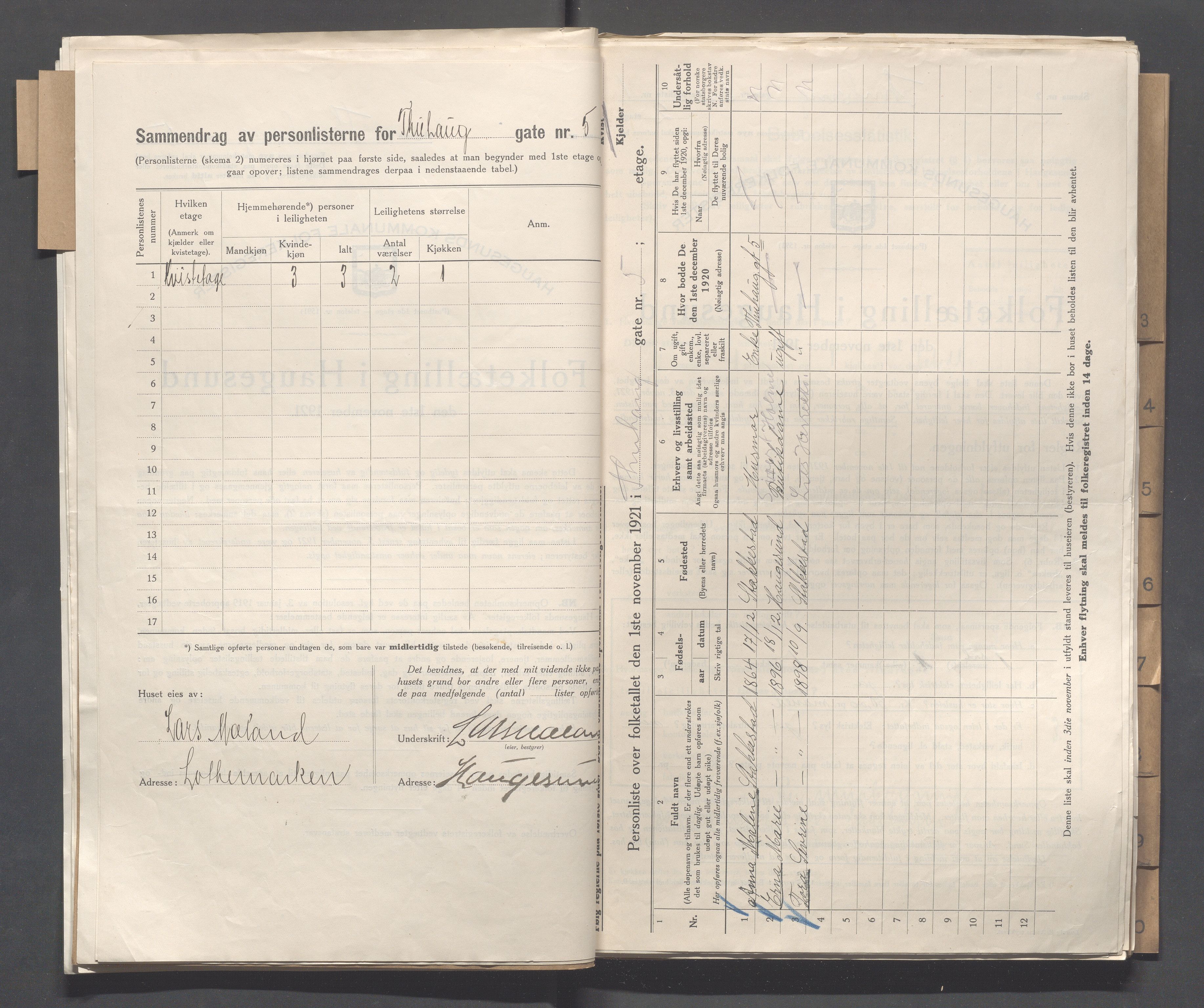 IKAR, Local census 1.11.1921 for Haugesund, 1921, p. 5402