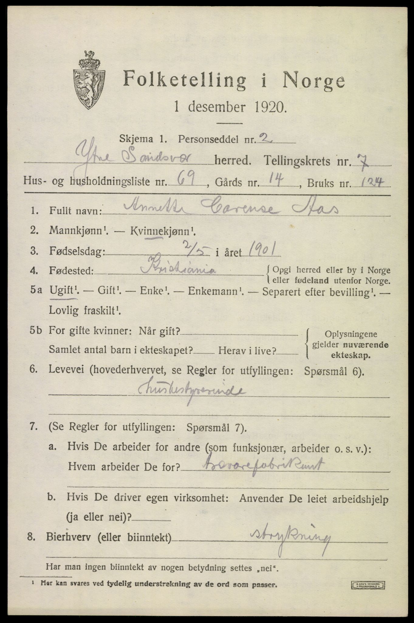 SAKO, 1920 census for Ytre Sandsvær, 1920, p. 6880