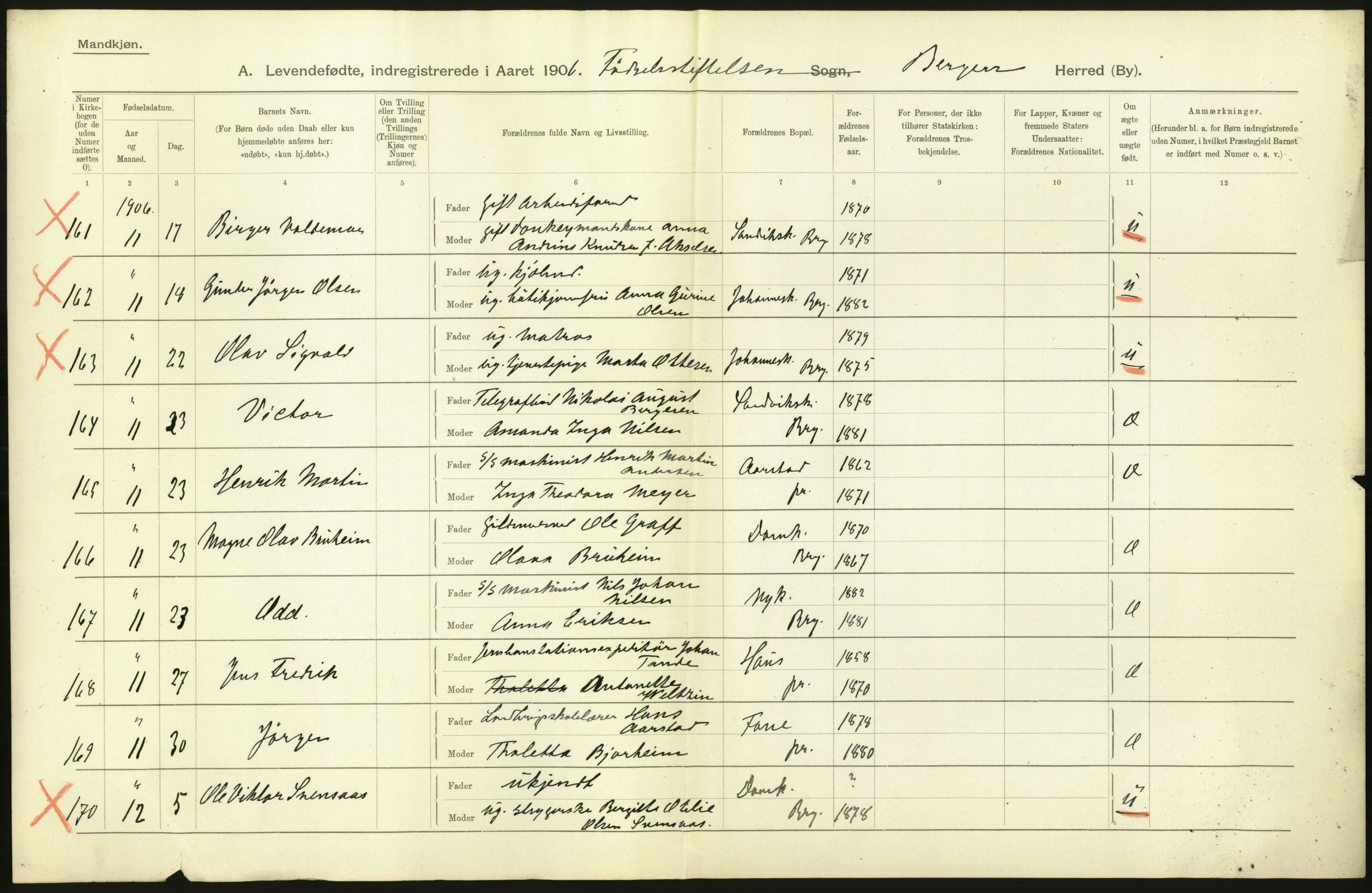 Statistisk sentralbyrå, Sosiodemografiske emner, Befolkning, AV/RA-S-2228/D/Df/Dfa/Dfad/L0031: Bergen: Levendefødte menn og kvinner., 1906, p. 4