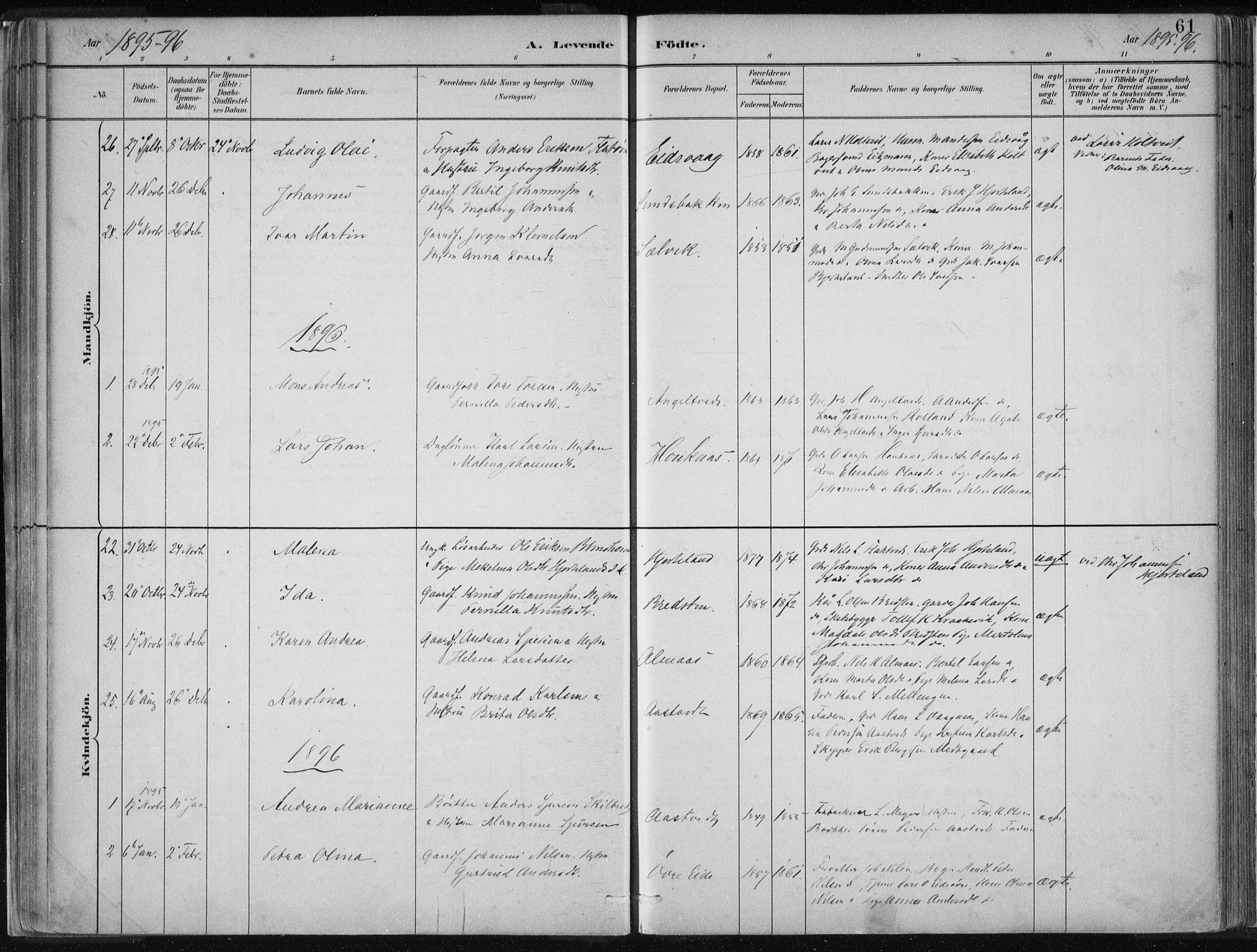 Hamre sokneprestembete, SAB/A-75501/H/Ha/Haa/Haad/L0001: Parish register (official) no. D  1, 1882-1906, p. 61