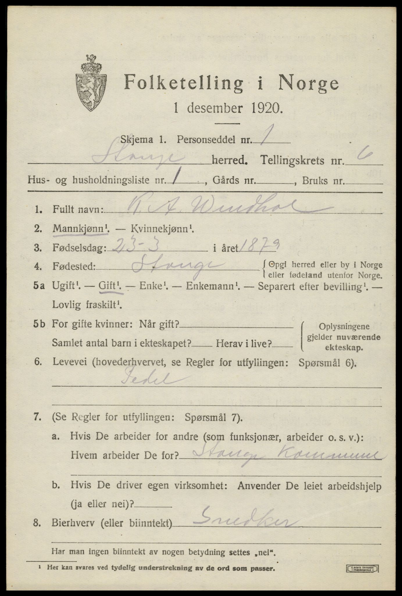 SAH, 1920 census for Stange, 1920, p. 10595