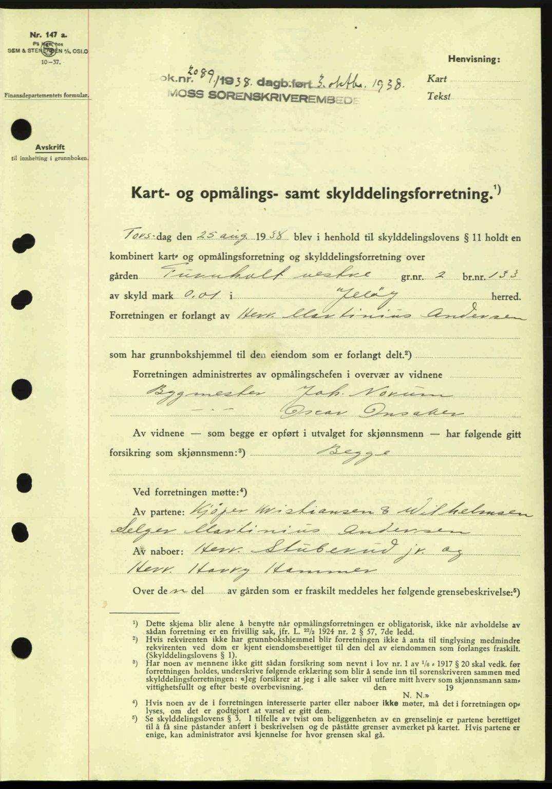 Moss sorenskriveri, SAO/A-10168: Mortgage book no. A5, 1938-1939, Diary no: : 2089/1938