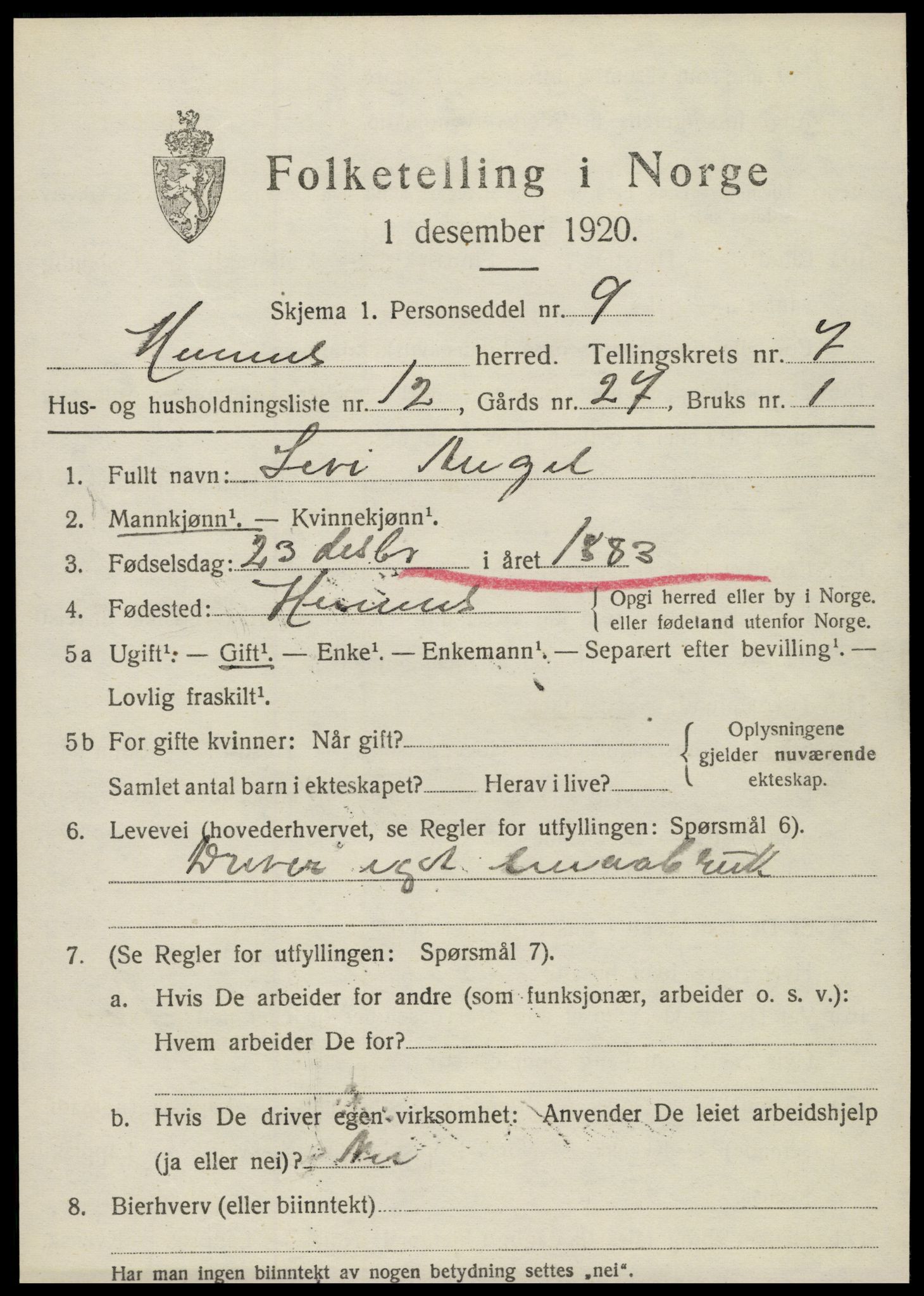 SAT, 1920 census for Hemnes, 1920, p. 7108