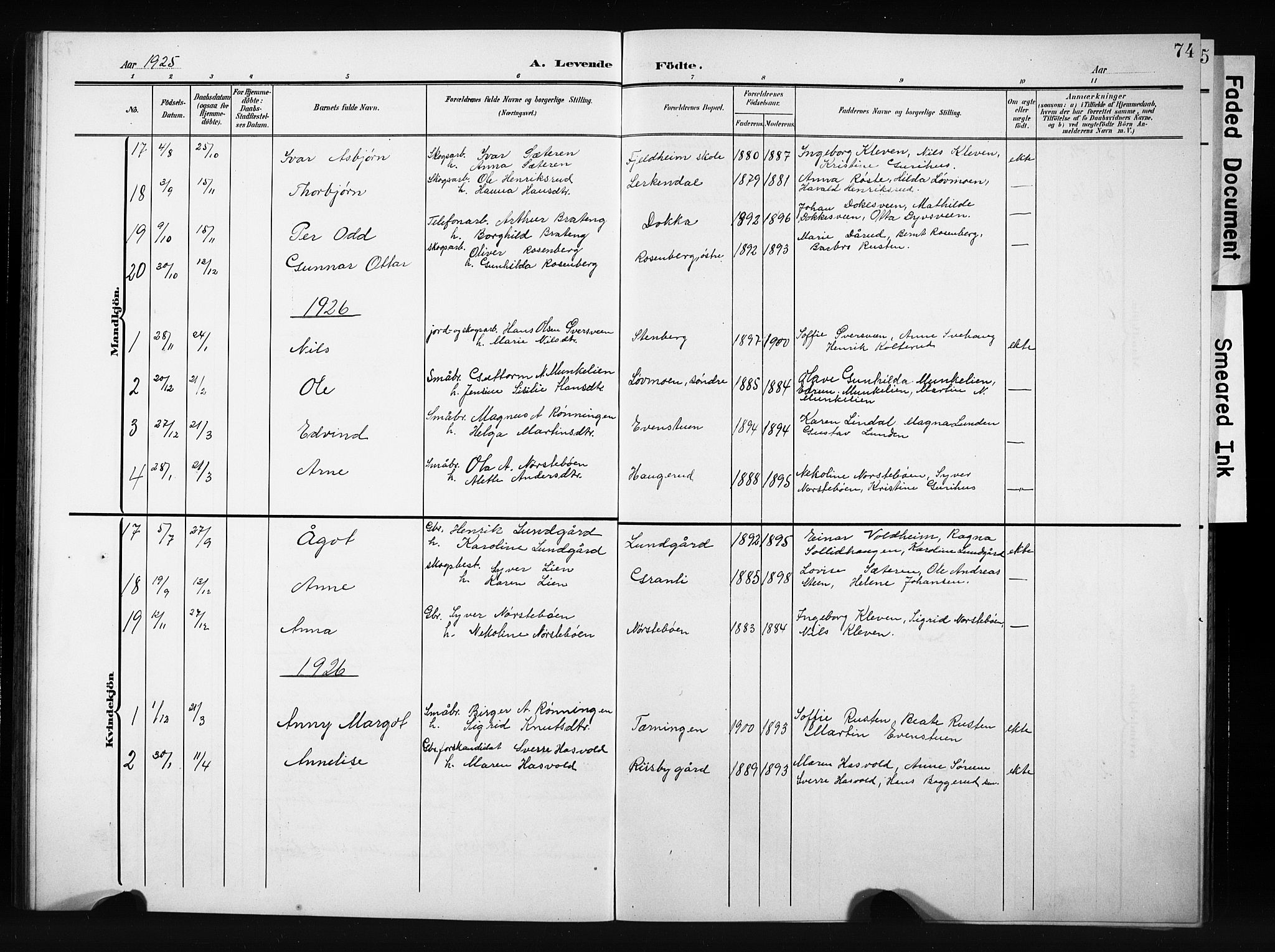 Nordre Land prestekontor, AV/SAH-PREST-124/H/Ha/Hab/L0006: Parish register (copy) no. 6, 1905-1929, p. 74