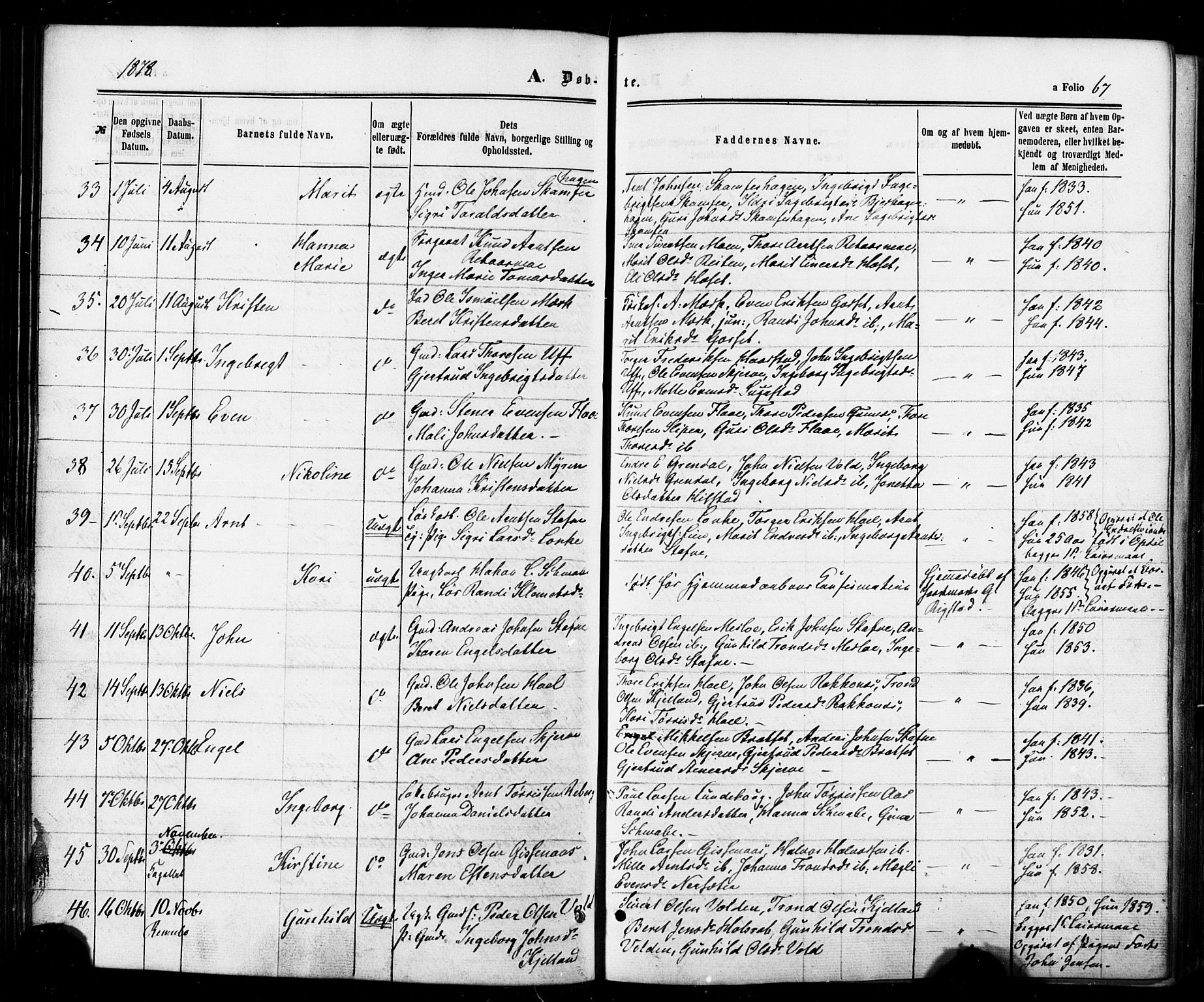 Ministerialprotokoller, klokkerbøker og fødselsregistre - Sør-Trøndelag, SAT/A-1456/674/L0870: Parish register (official) no. 674A02, 1861-1879, p. 67