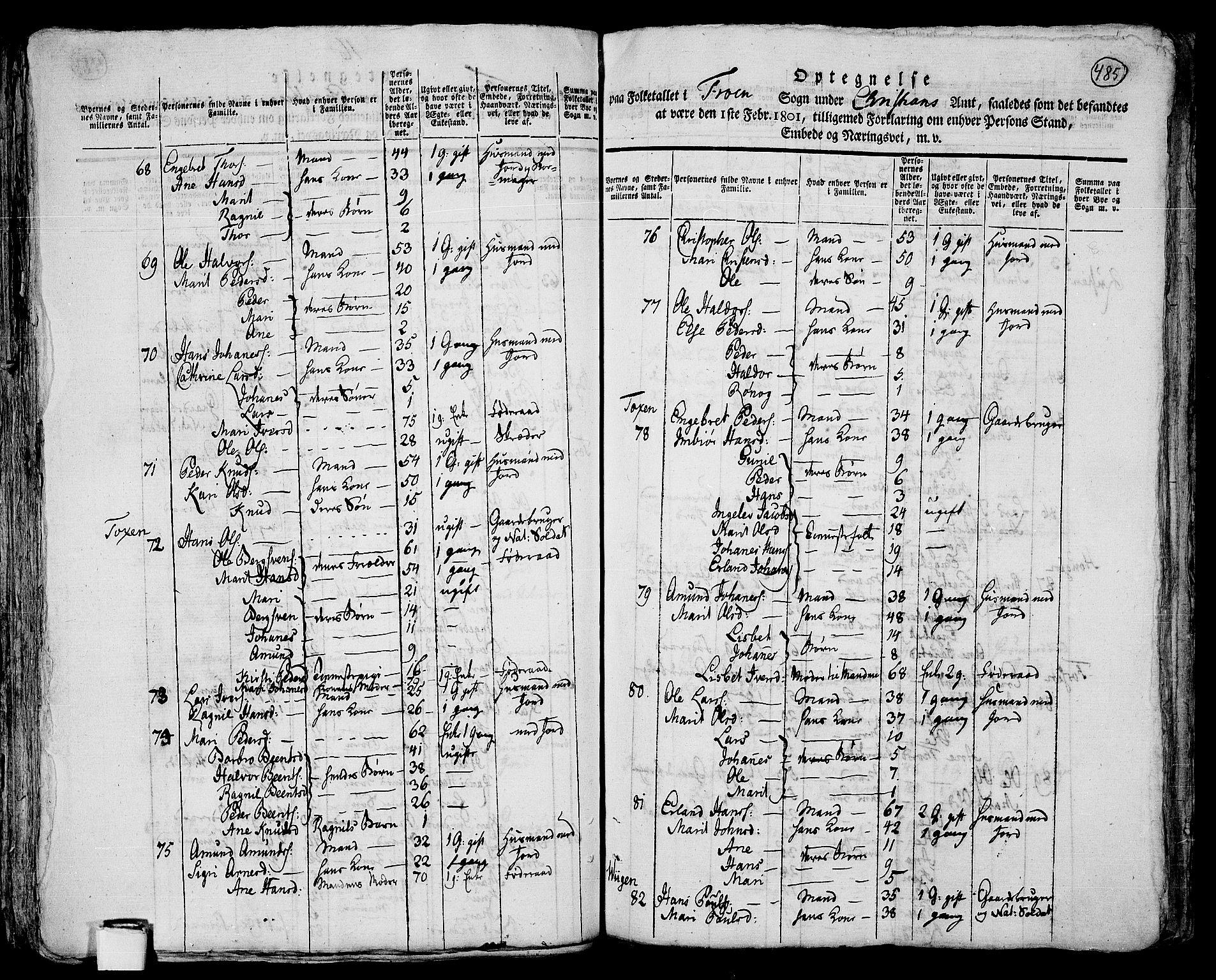 RA, 1801 census for 0518P Fron, 1801, p. 484b-485a