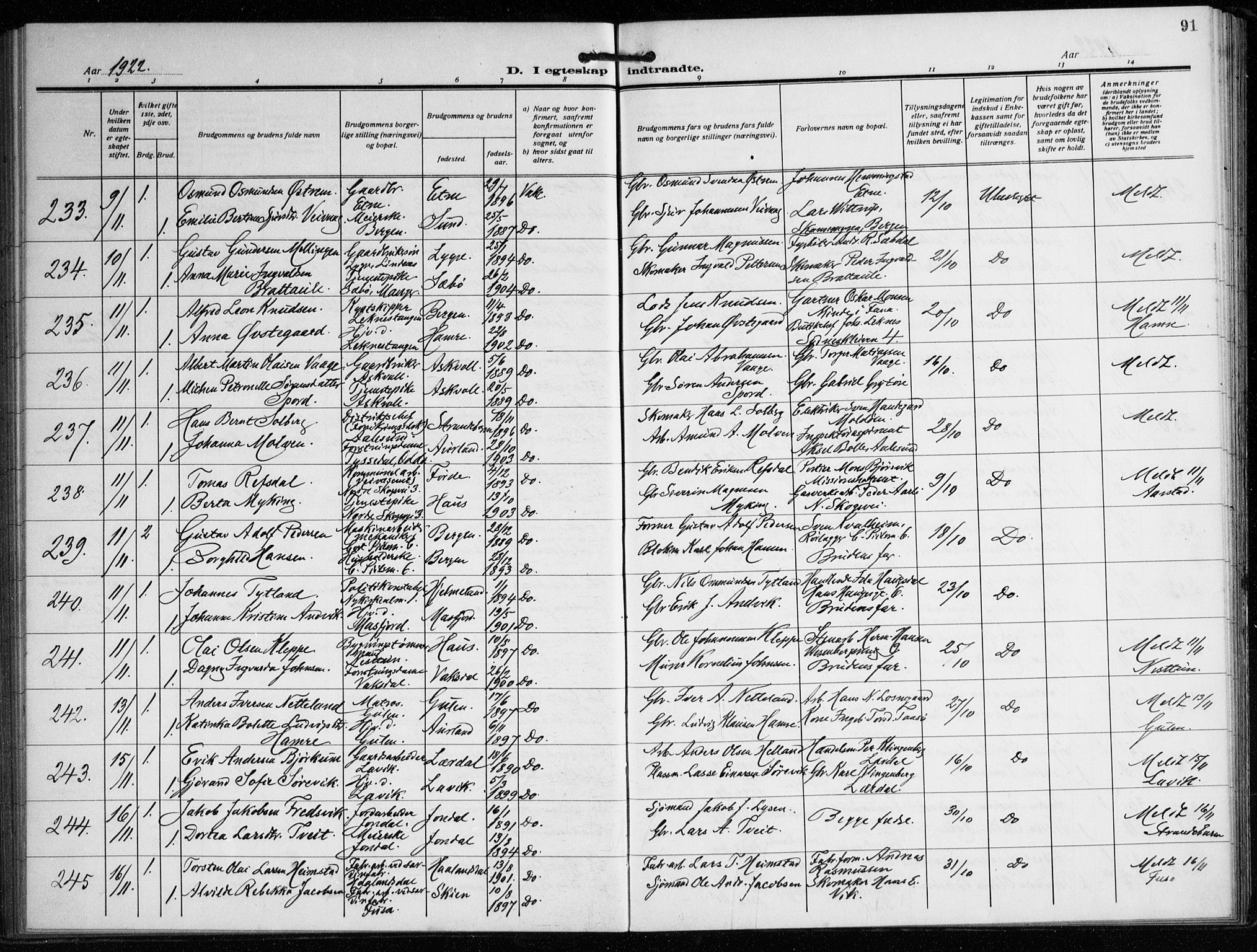 Nykirken Sokneprestembete, AV/SAB-A-77101/H/Haa/L0037: Parish register (official) no. D 7, 1918-1926, p. 91
