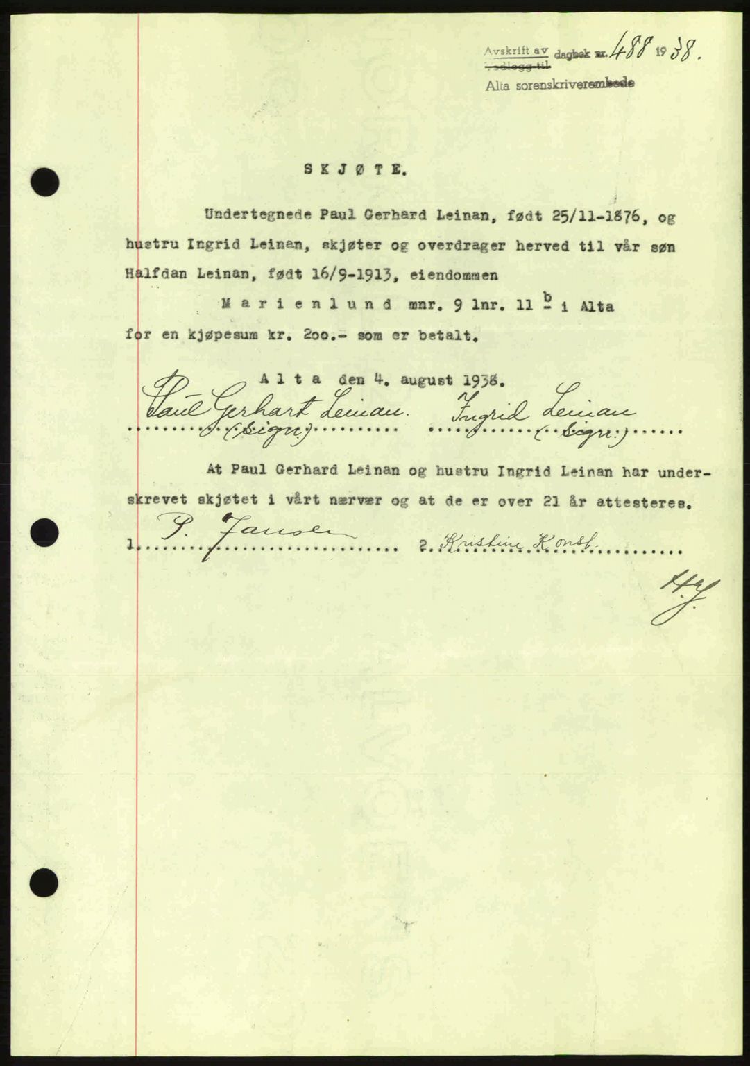 Alta fogderi/sorenskriveri, SATØ/SATØ-5/1/K/Kd/L0031pantebok: Mortgage book no. 31, 1938-1939, Diary no: : 488/1938