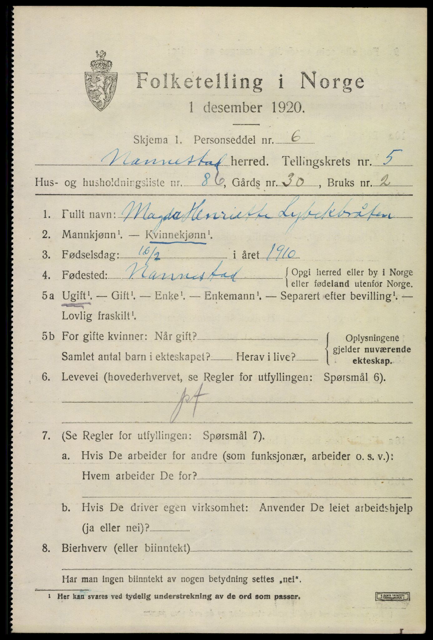 SAO, 1920 census for Nannestad, 1920, p. 7564