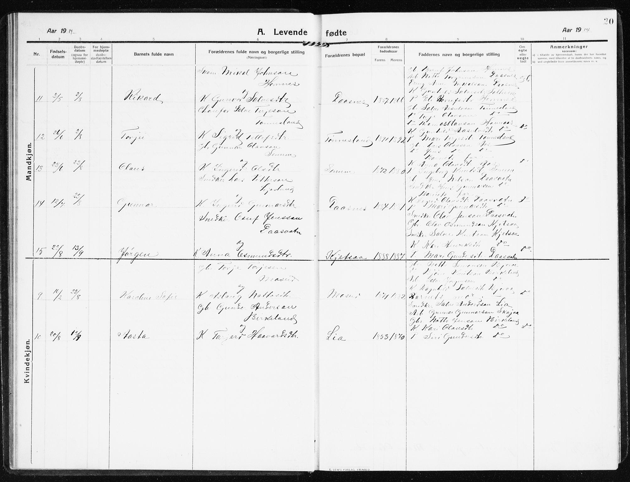 Evje sokneprestkontor, SAK/1111-0008/F/Fb/Fbb/L0003: Parish register (copy) no. B 3, 1910-1933, p. 20