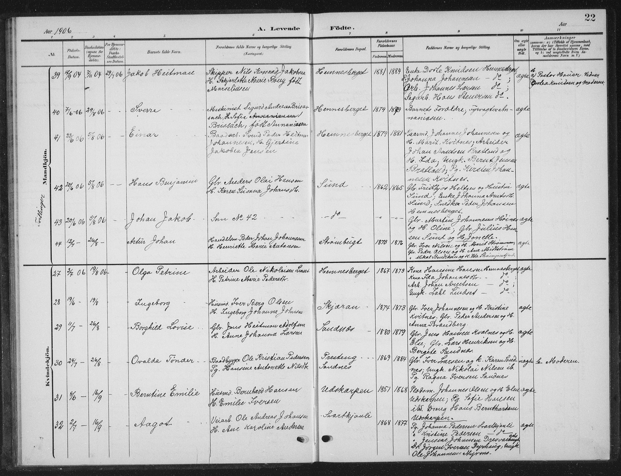 Ministerialprotokoller, klokkerbøker og fødselsregistre - Nordland, AV/SAT-A-1459/825/L0370: Parish register (copy) no. 825C07, 1903-1923, p. 22