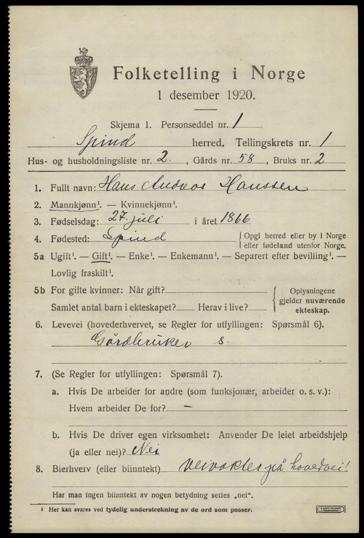 SAK, 1920 census for Spind, 1920, p. 581