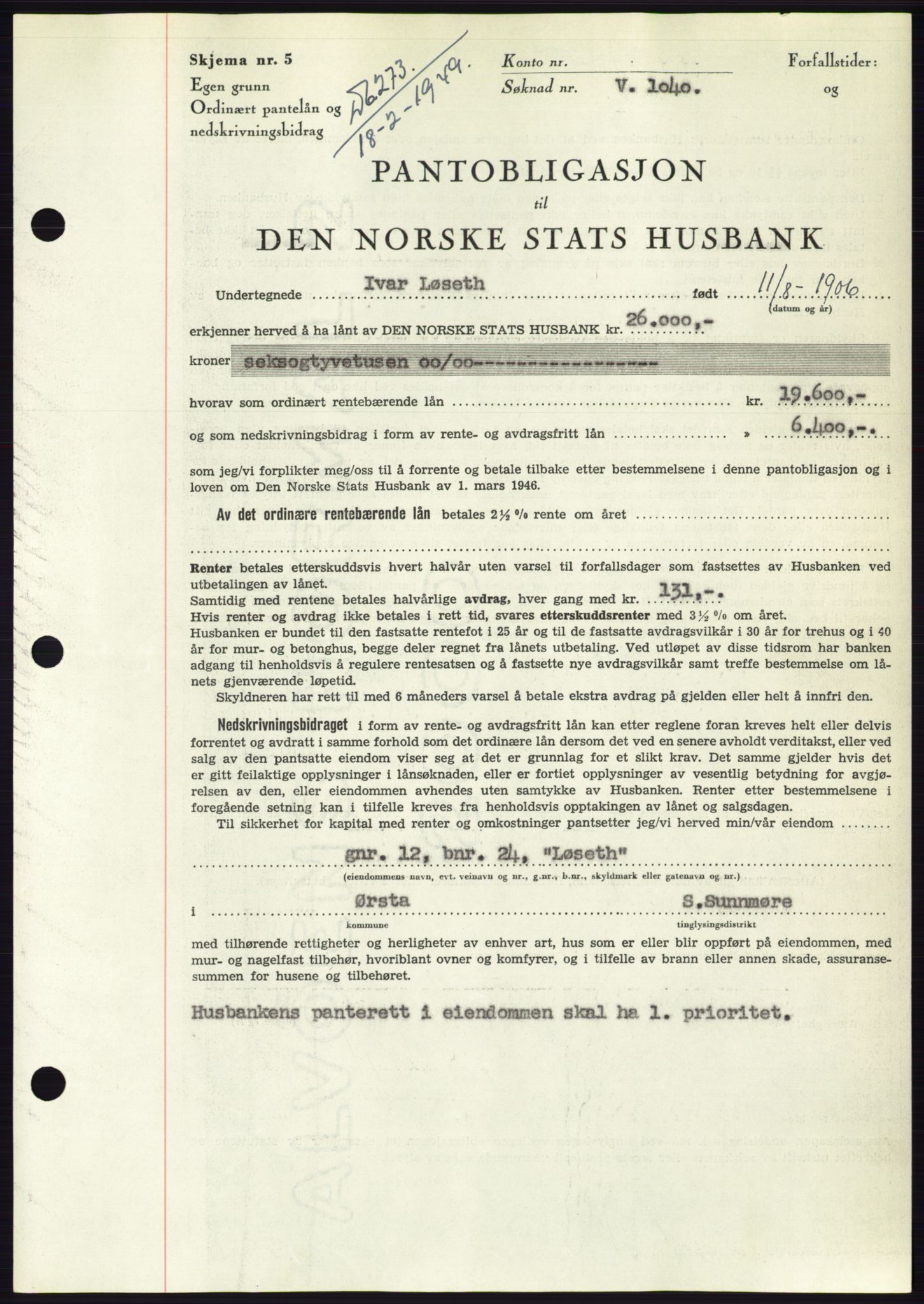 Søre Sunnmøre sorenskriveri, AV/SAT-A-4122/1/2/2C/L0116: Mortgage book no. 4B, 1948-1949, Diary no: : 273/1949