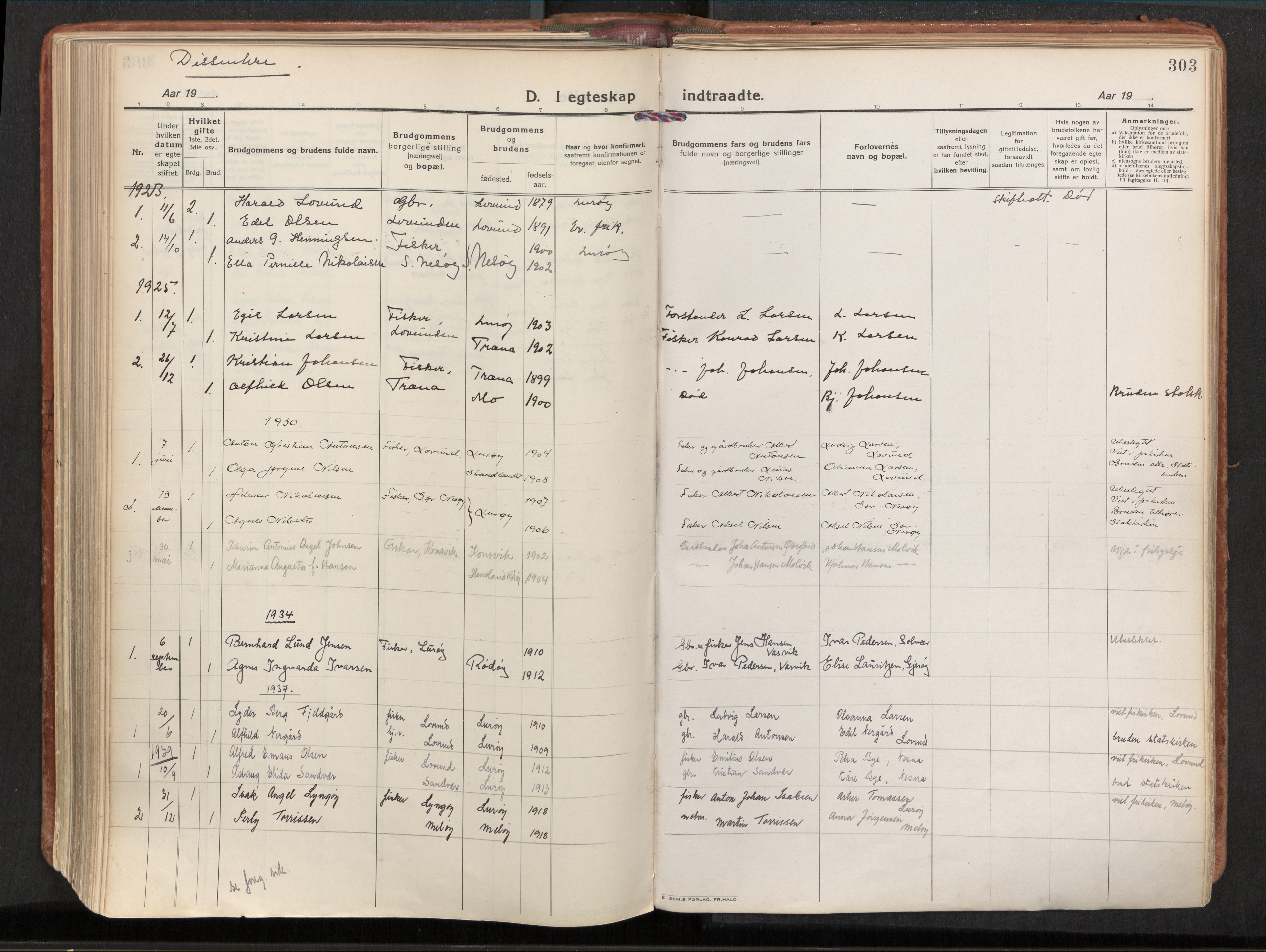 Ministerialprotokoller, klokkerbøker og fødselsregistre - Nordland, SAT/A-1459/839/L0570: Parish register (official) no. 839A07, 1923-1942, p. 303