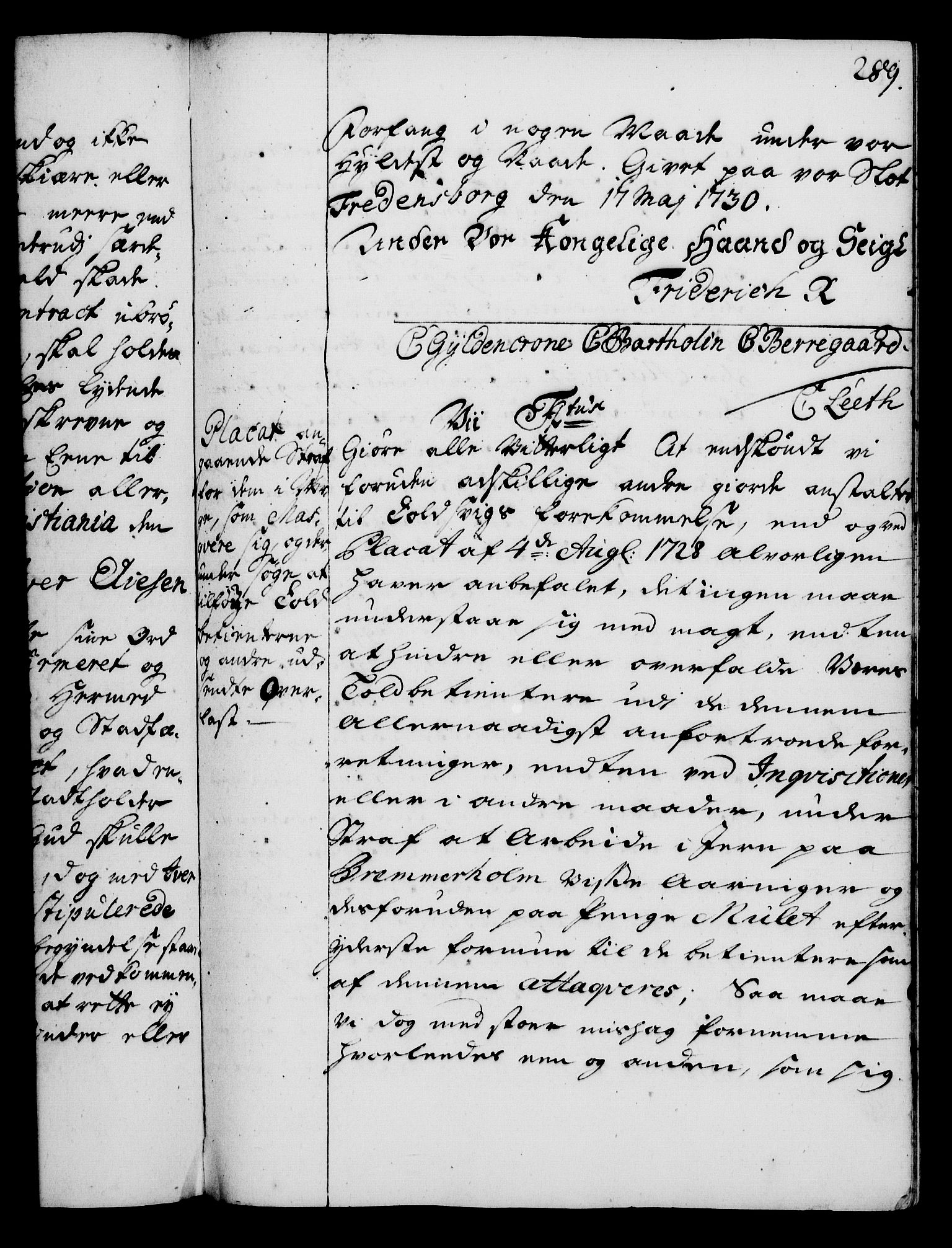 Rentekammeret, Kammerkanselliet, RA/EA-3111/G/Gg/Gga/L0003: Norsk ekspedisjonsprotokoll med register (merket RK 53.3), 1727-1734, p. 289