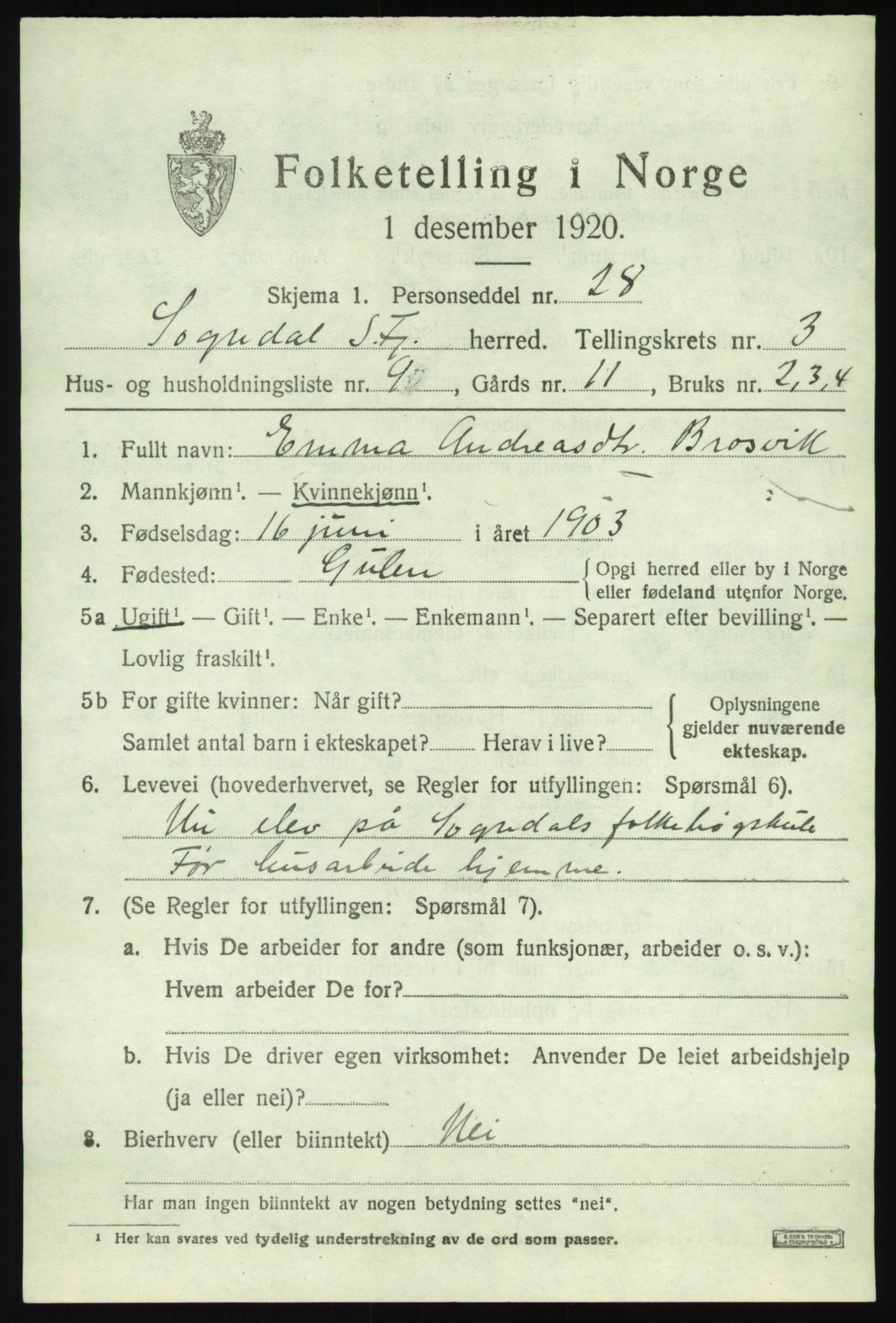 SAB, 1920 census for Sogndal, 1920, p. 2255