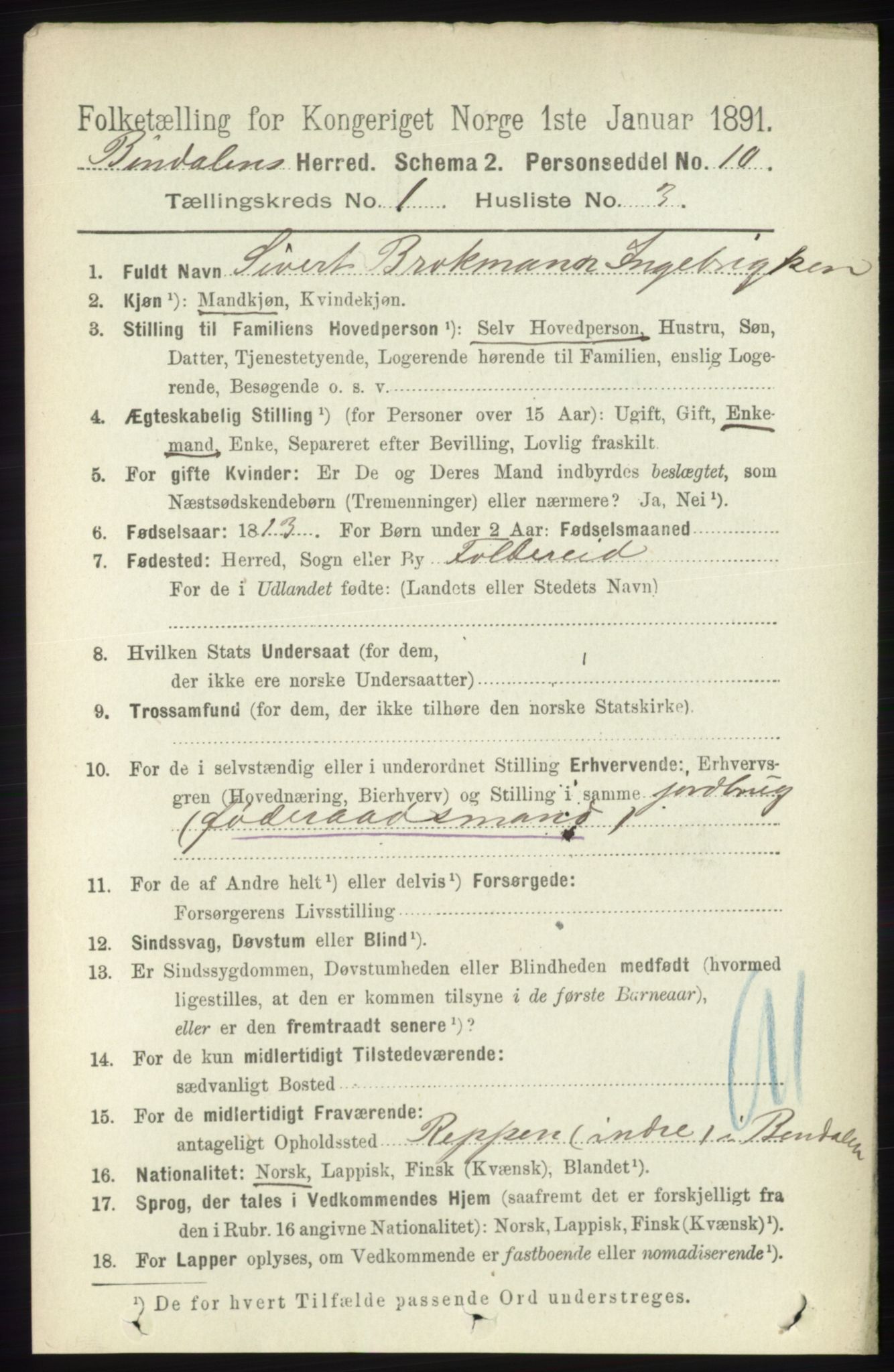 RA, 1891 census for 1811 Bindal, 1891, p. 83