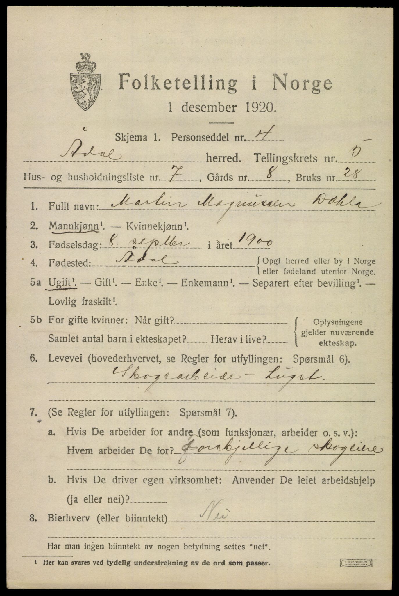 SAKO, 1920 census for Ådal, 1920, p. 4192