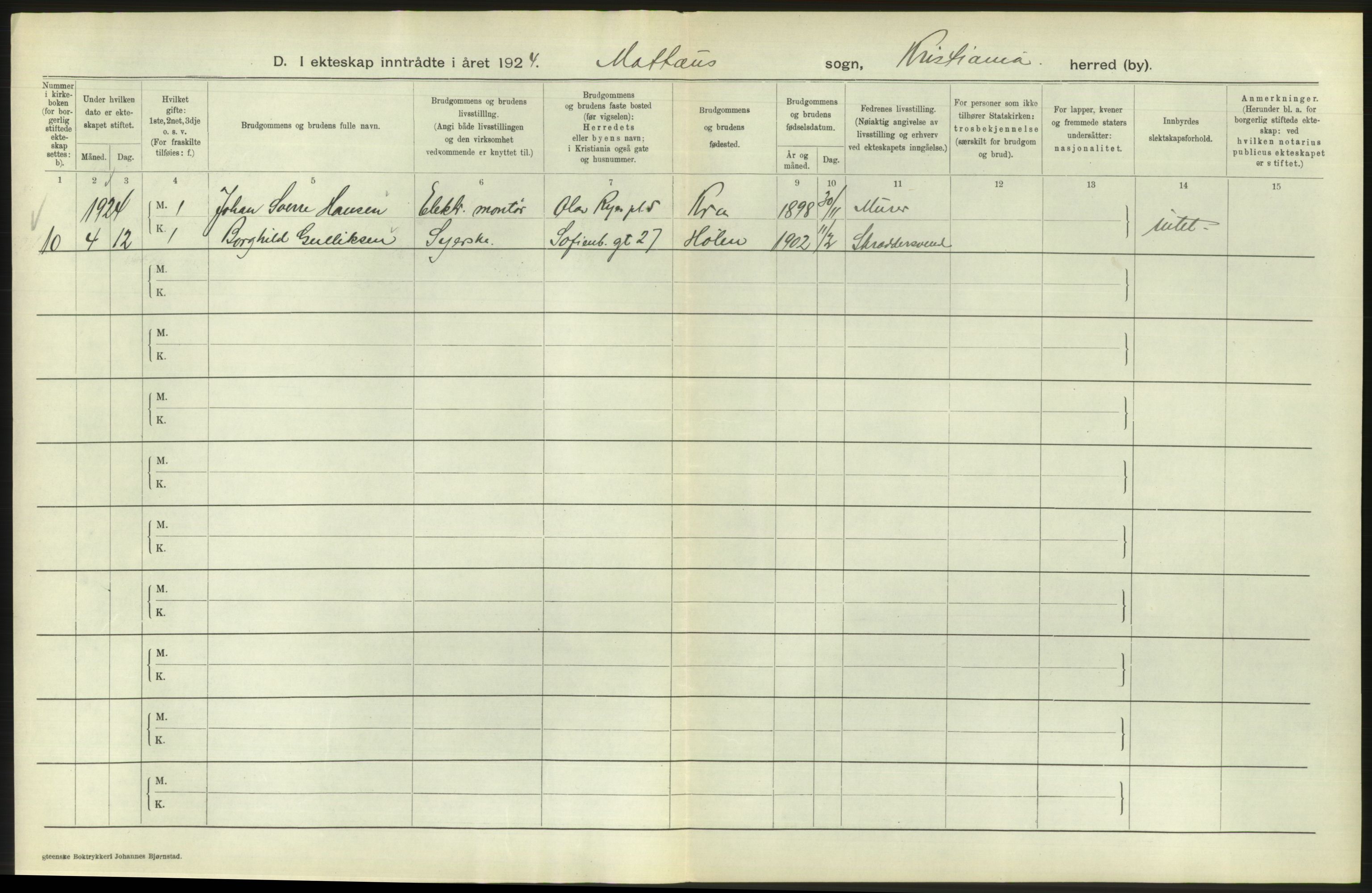 Statistisk sentralbyrå, Sosiodemografiske emner, Befolkning, AV/RA-S-2228/D/Df/Dfc/Dfcd/L0007: Kristiania: Gifte, 1924, p. 760