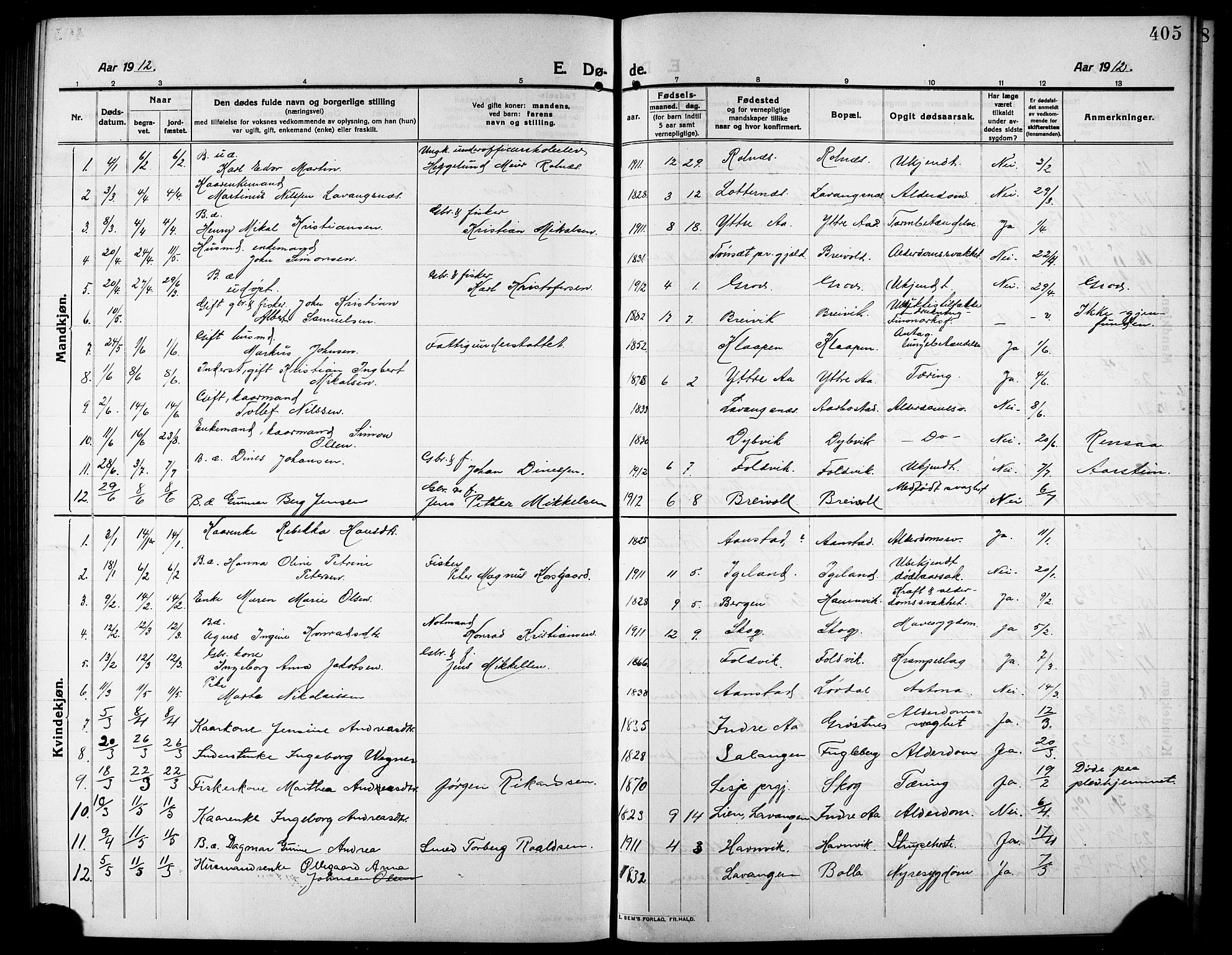 Ibestad sokneprestembete, SATØ/S-0077/H/Ha/Hab/L0009klokker: Parish register (copy) no. 9, 1902-1914, p. 405