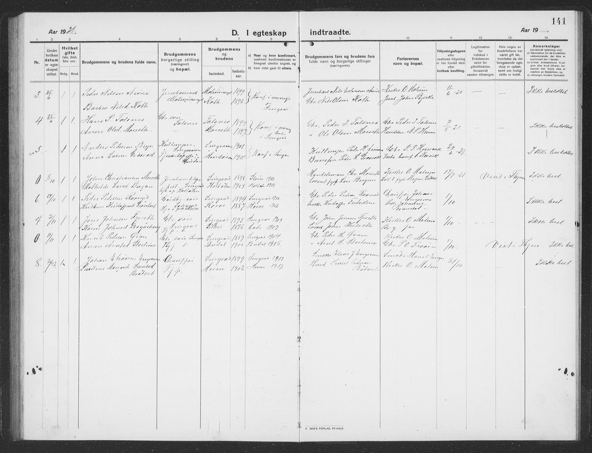 Ministerialprotokoller, klokkerbøker og fødselsregistre - Sør-Trøndelag, SAT/A-1456/688/L1030: Parish register (copy) no. 688C05, 1916-1939, p. 141