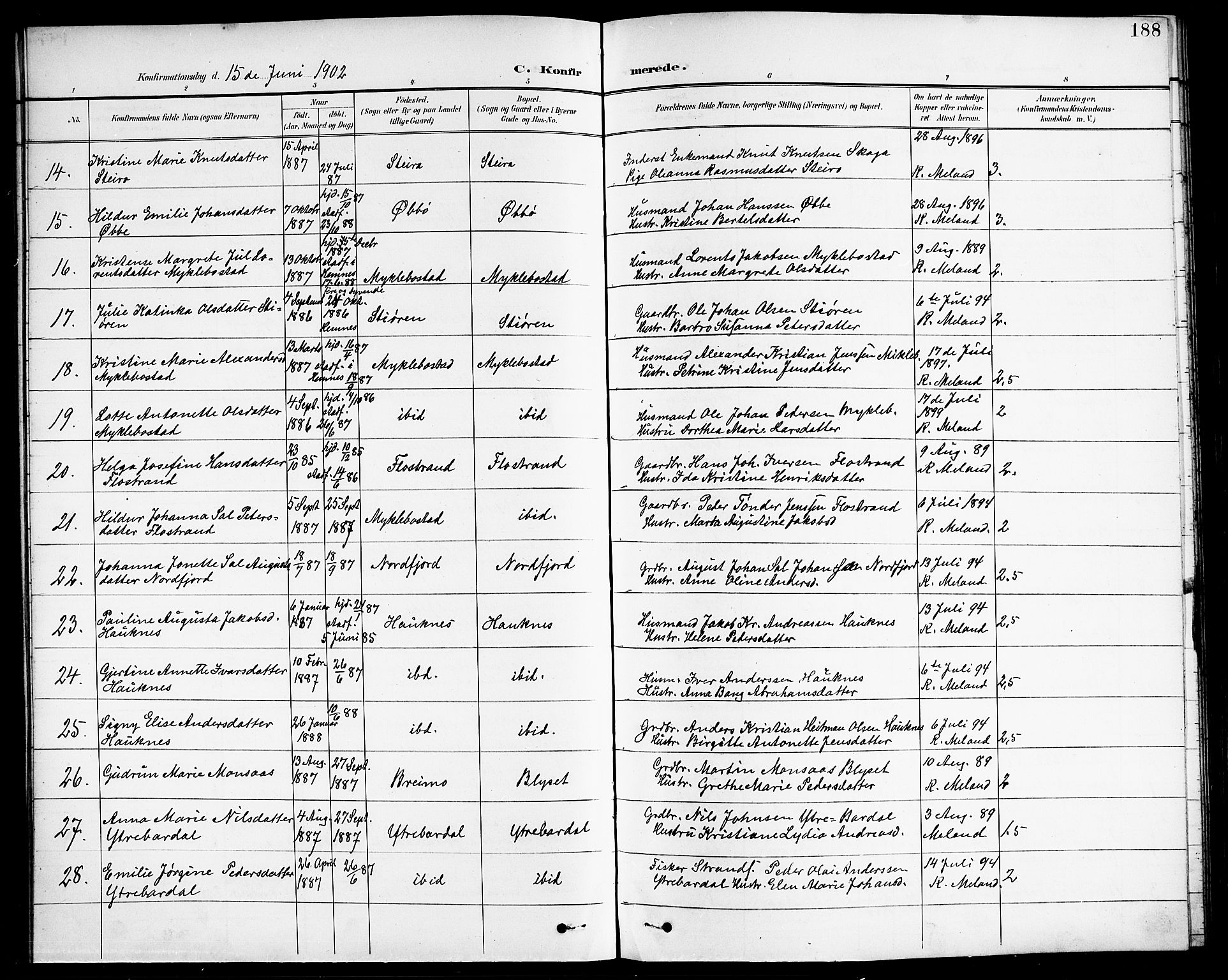 Ministerialprotokoller, klokkerbøker og fødselsregistre - Nordland, AV/SAT-A-1459/838/L0559: Parish register (copy) no. 838C06, 1893-1910, p. 188