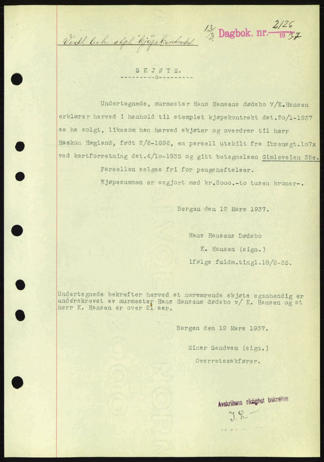 Byfogd og Byskriver i Bergen, SAB/A-3401/03/03Bc/L0004: Mortgage book no. A3-4, 1936-1937, Diary no: : 2126/1937