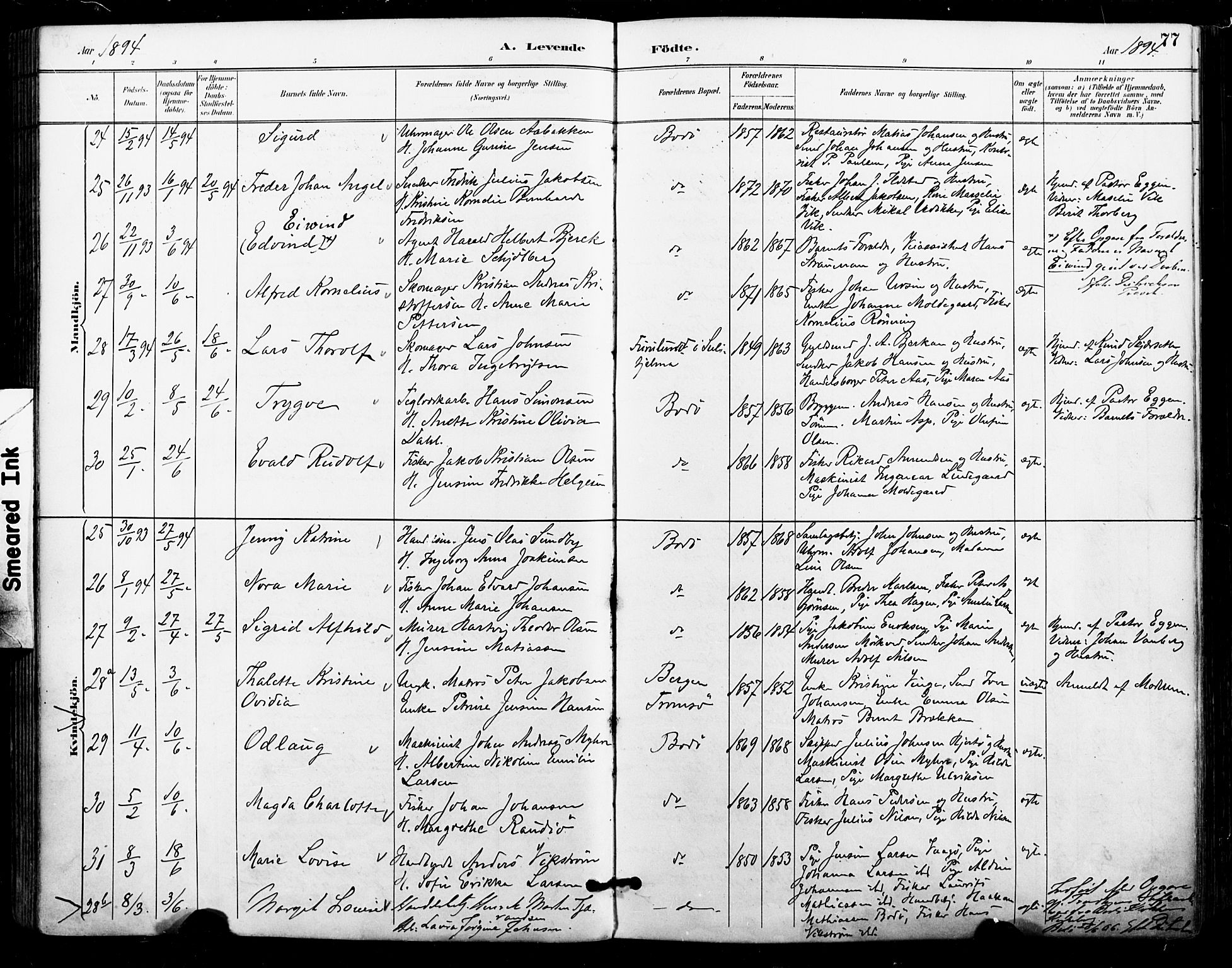 Ministerialprotokoller, klokkerbøker og fødselsregistre - Nordland, SAT/A-1459/801/L0010: Parish register (official) no. 801A10, 1888-1899, p. 77