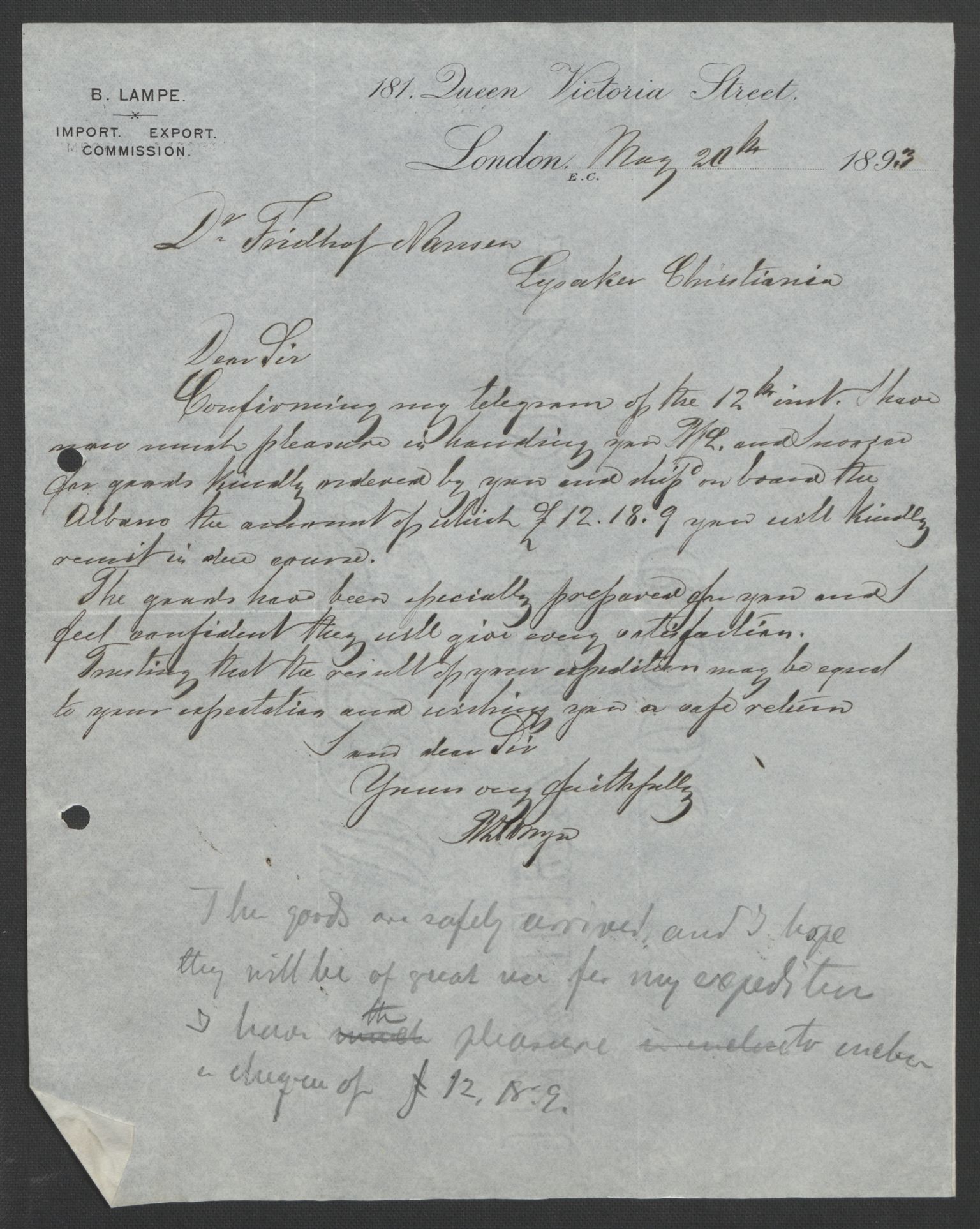 Arbeidskomitéen for Fridtjof Nansens polarekspedisjon, AV/RA-PA-0061/D/L0004: Innk. brev og telegrammer vedr. proviant og utrustning, 1892-1893, p. 729