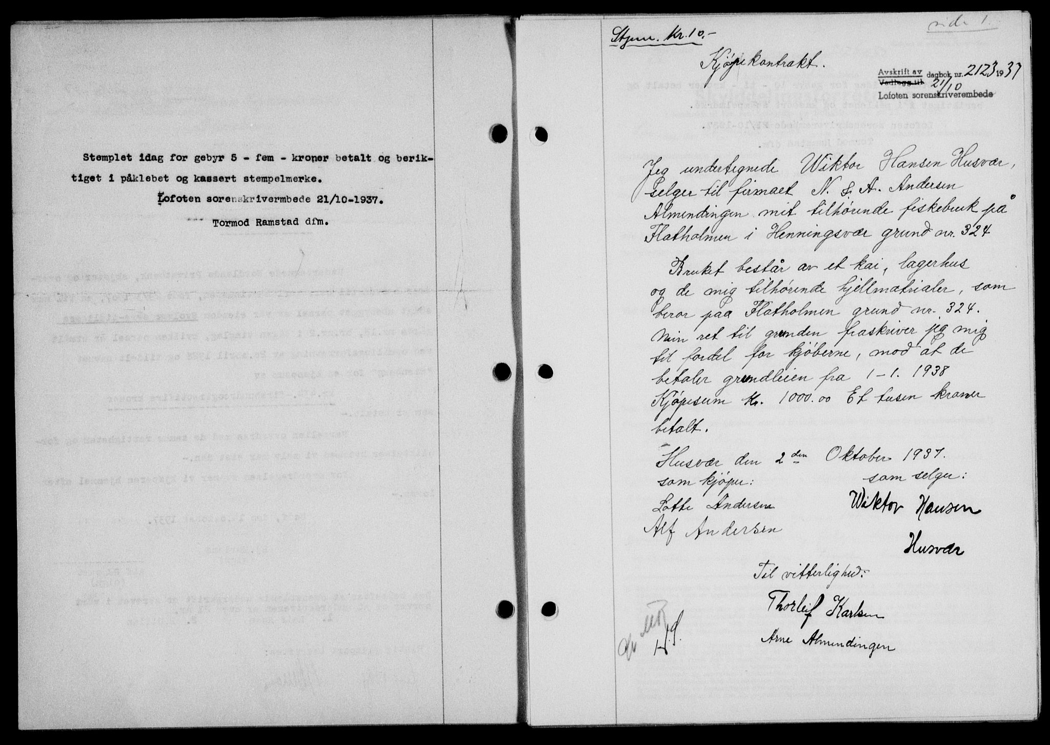 Lofoten sorenskriveri, SAT/A-0017/1/2/2C/L0003a: Mortgage book no. 3a, 1937-1938, Diary no: : 2123/1937