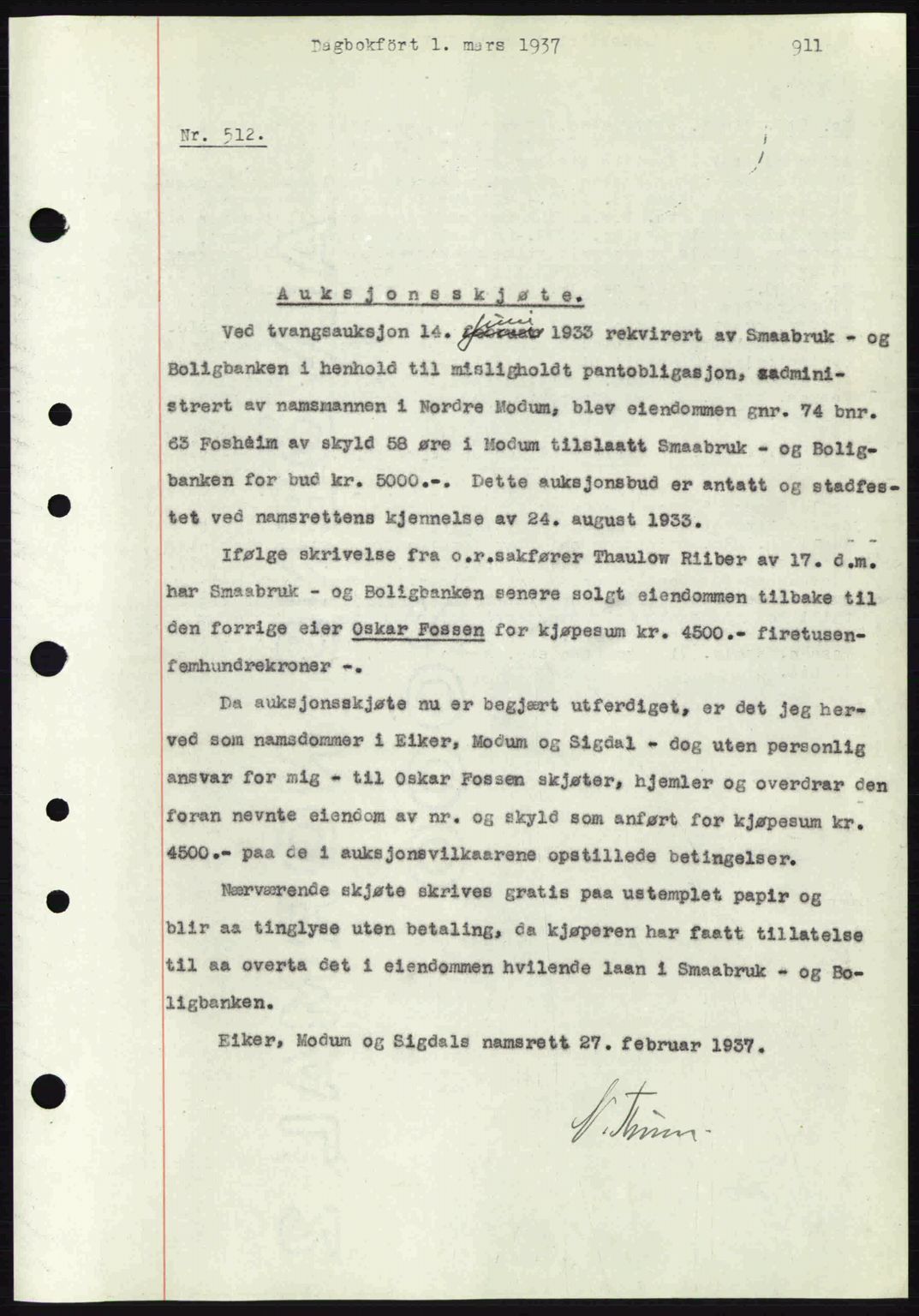 Eiker, Modum og Sigdal sorenskriveri, SAKO/A-123/G/Ga/Gab/L0034: Mortgage book no. A4, 1936-1937, Diary no: : 512/1937